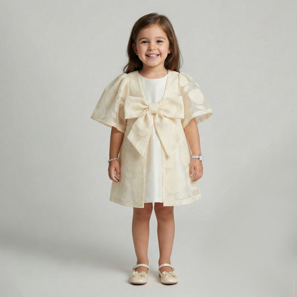 Toddler Satin Dress & Floral Organza Cape Set
