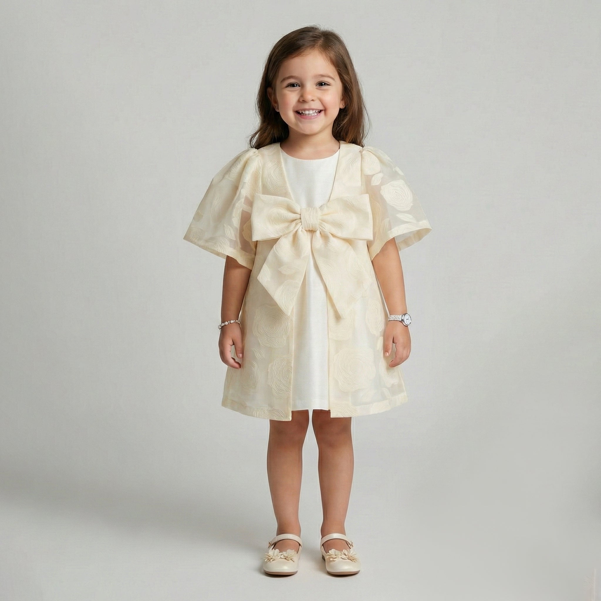 Toddler Satin Dress & Floral Organza Cape Set