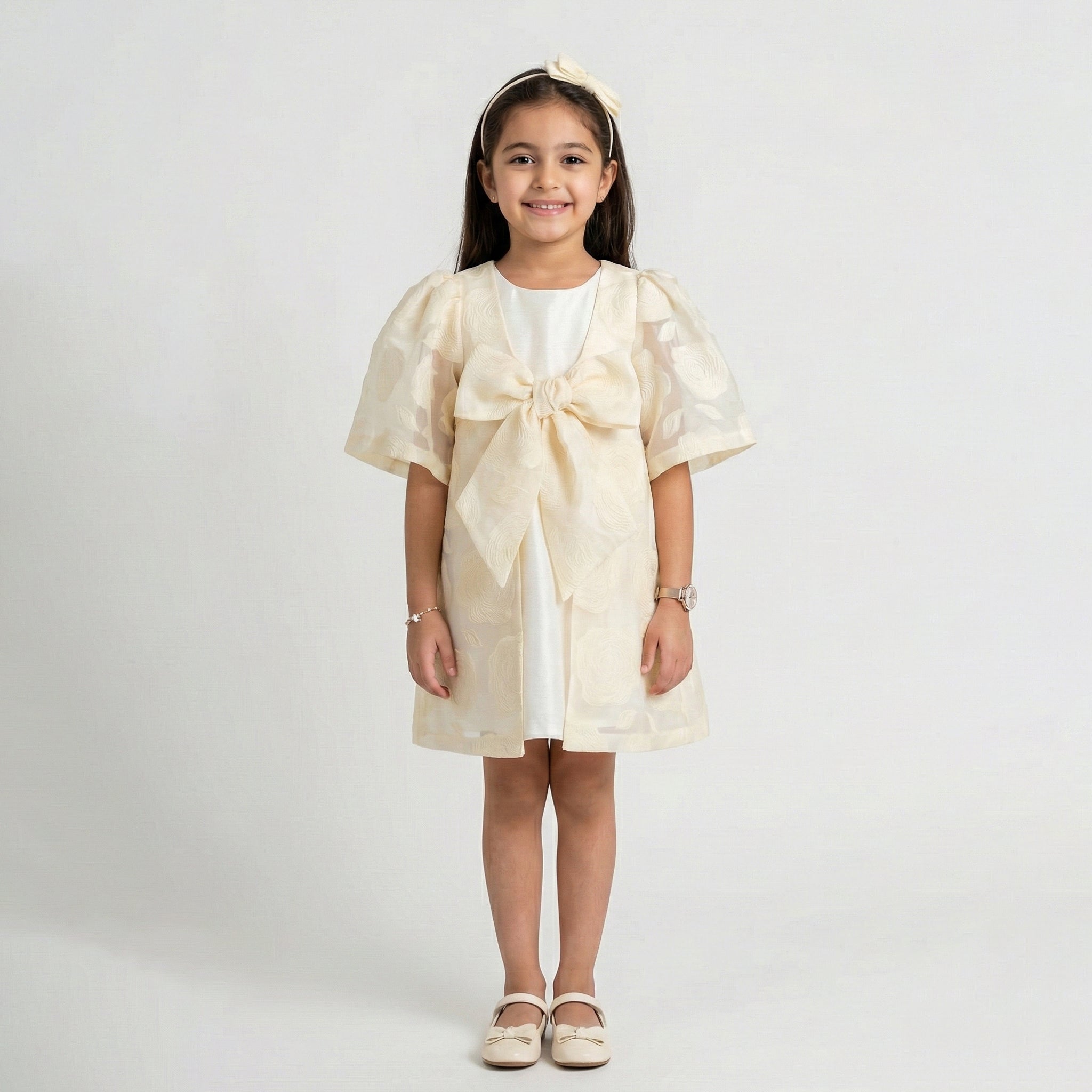 Girls’ Elegant 3D Floral Cape Dress Set with Statement Bow