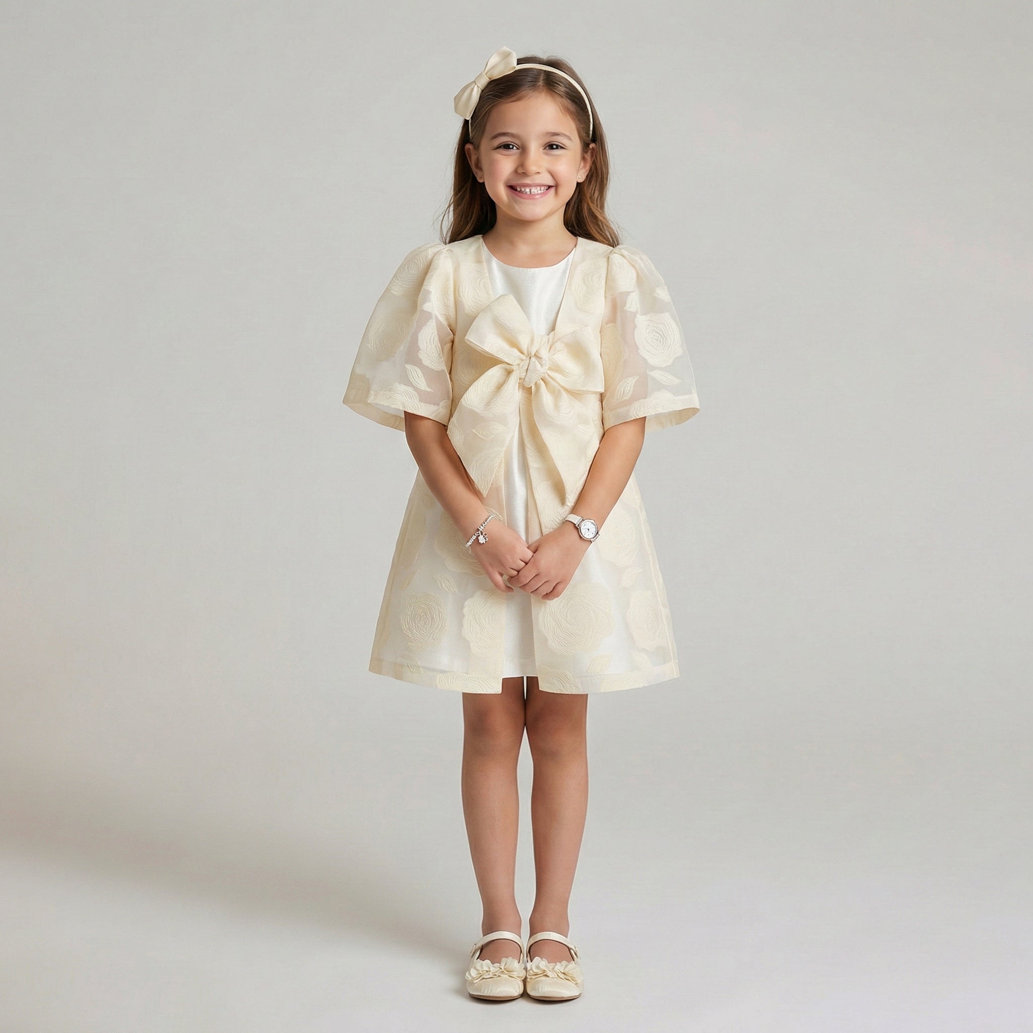 Girls' Camille Citrus Textured Coat Dress with Oversized Puff Sleeves