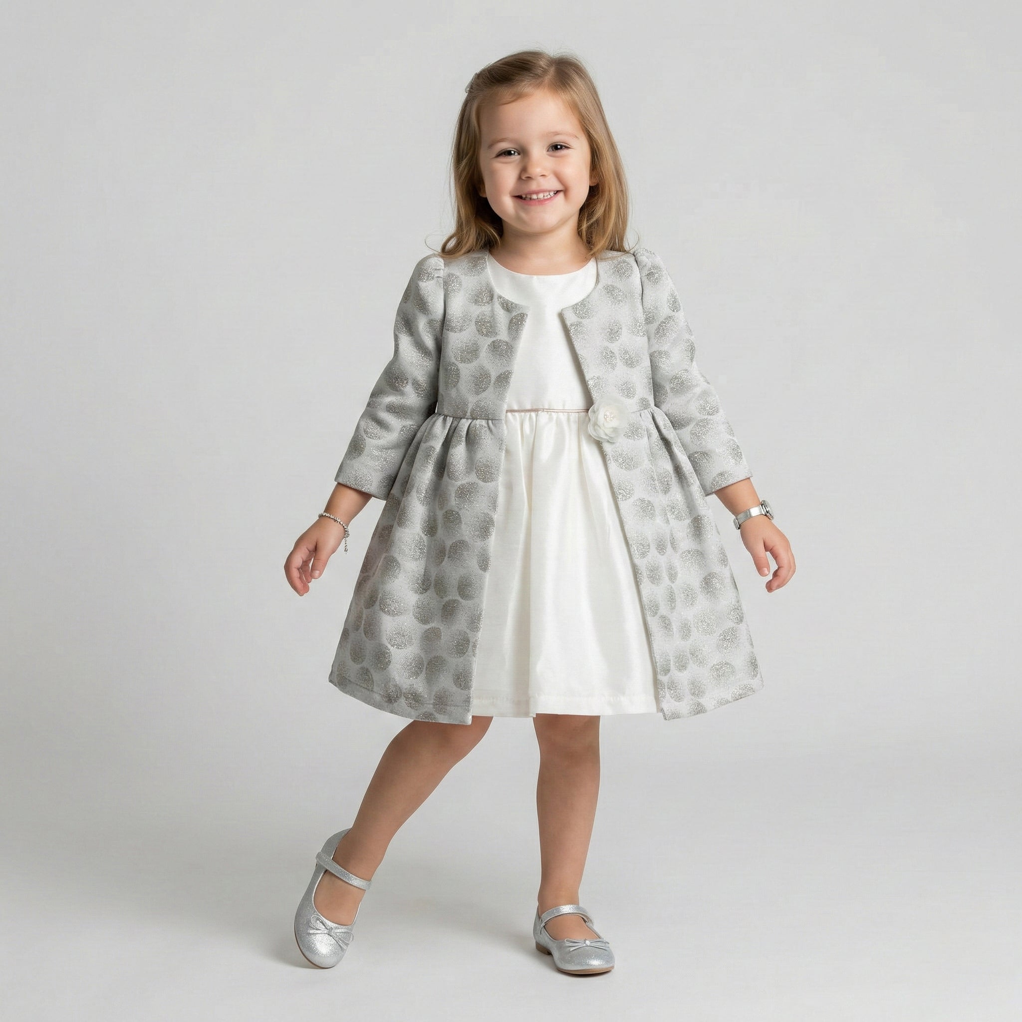 Metallic Dot-Pattern Occasion Coat with Floral Pin Detail
