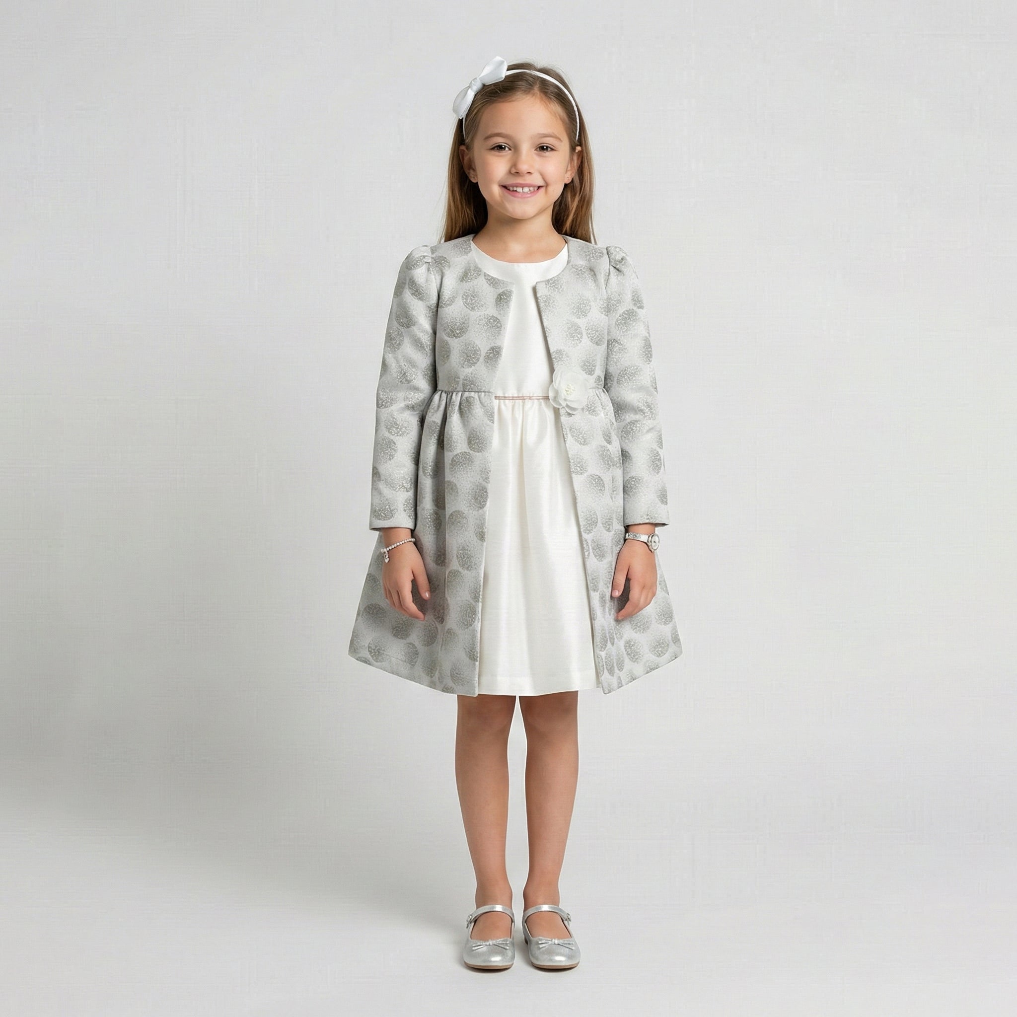 Glittering Polka-Dot Formal Coat with Dimensional Floral Accent