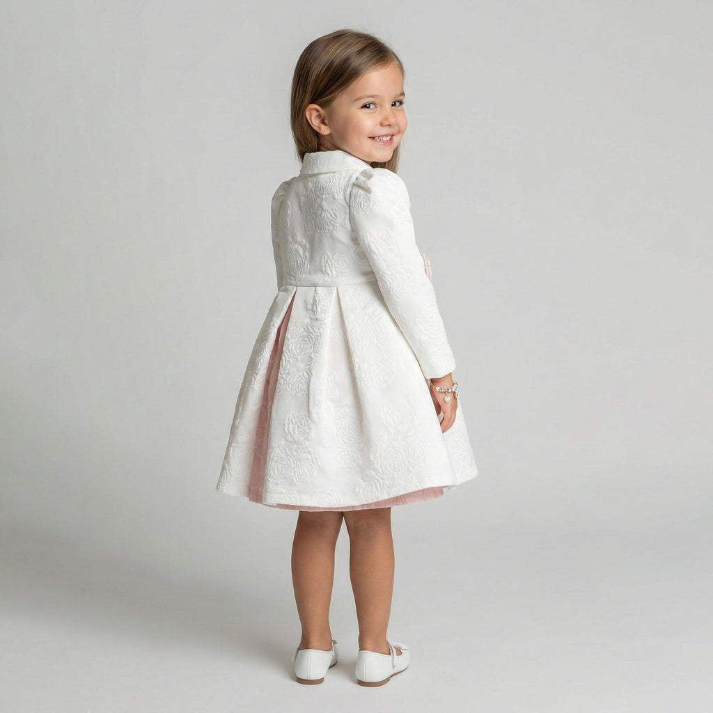 Textured White Occasion Coat with Velvety Pink Bow Detail