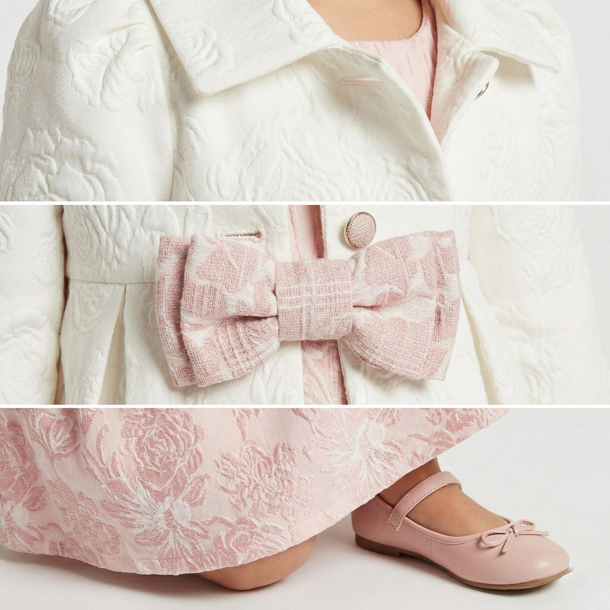 Embossed Floral-Pattern Coat with Velvet Bow & Pearlescent Detail