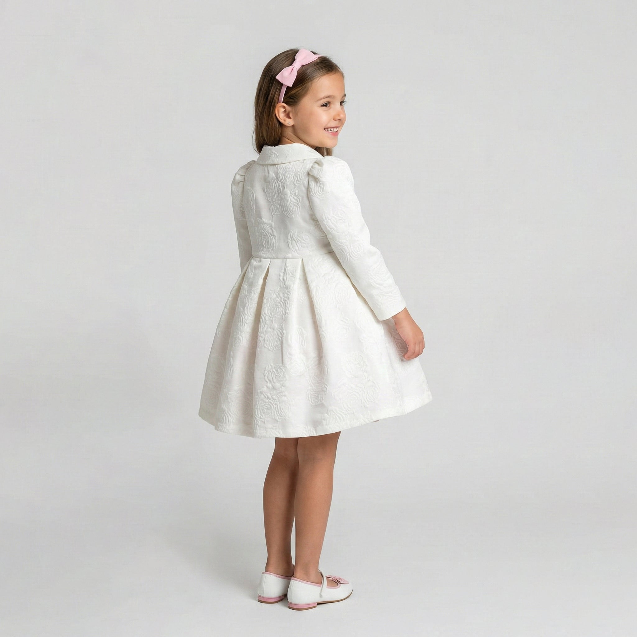 Embossed White A-Line Coat with Velvet Bow & Pearlescent Accents