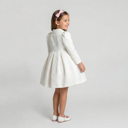 Embossed White A-Line Coat with Velvet Bow & Pearlescent Accents