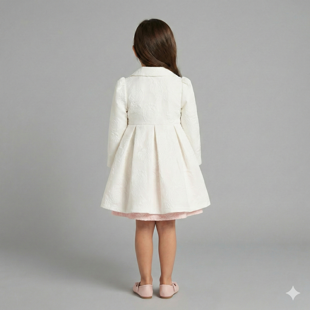 Embossed Floral-Pattern Coat with Velvet Bow & Pearlescent Detail
