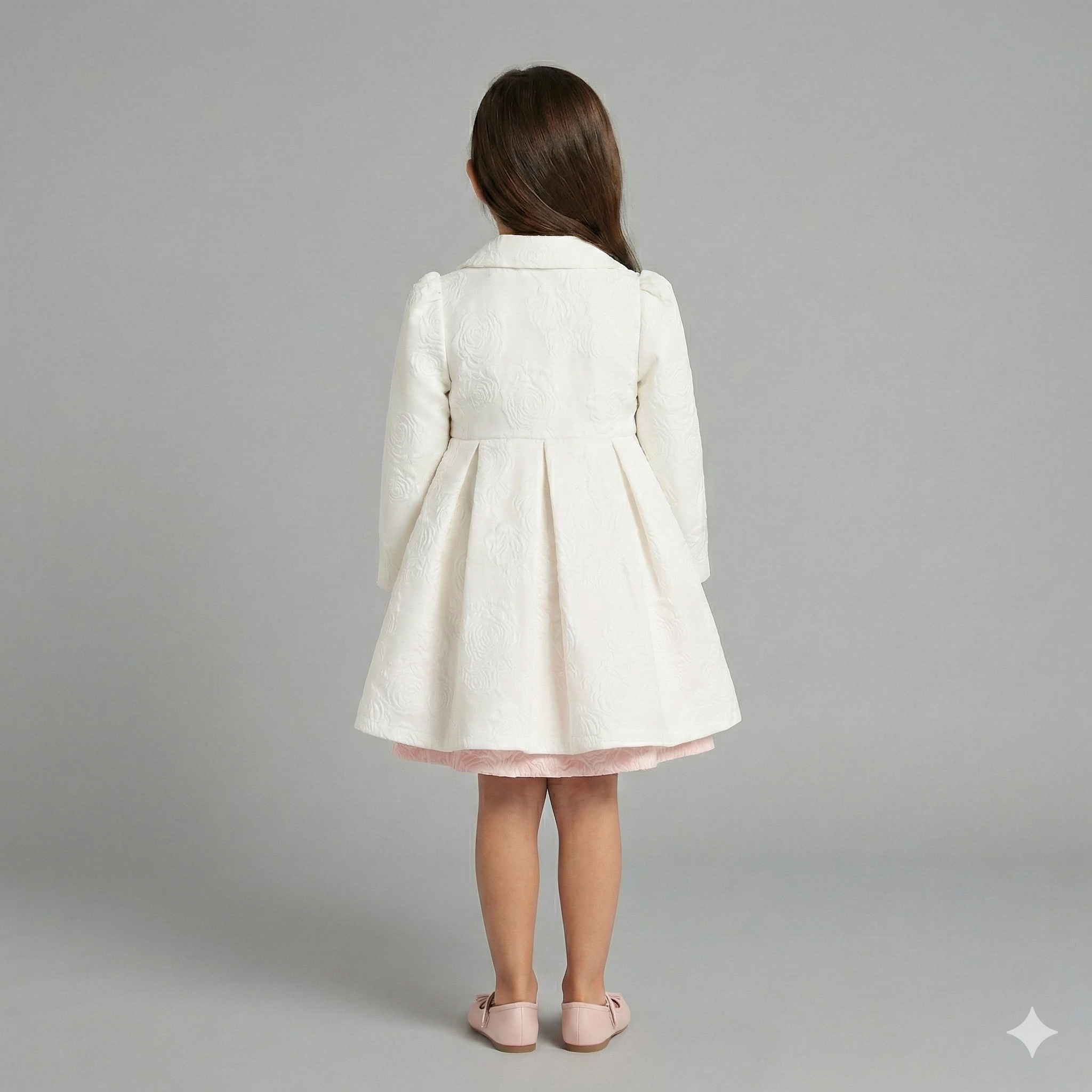 Embossed Floral-Pattern Coat with Velvet Bow & Pearlescent Detail
