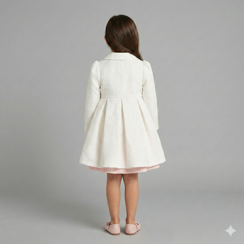 Embossed Floral-Pattern Coat with Velvet Bow & Pearlescent Detail