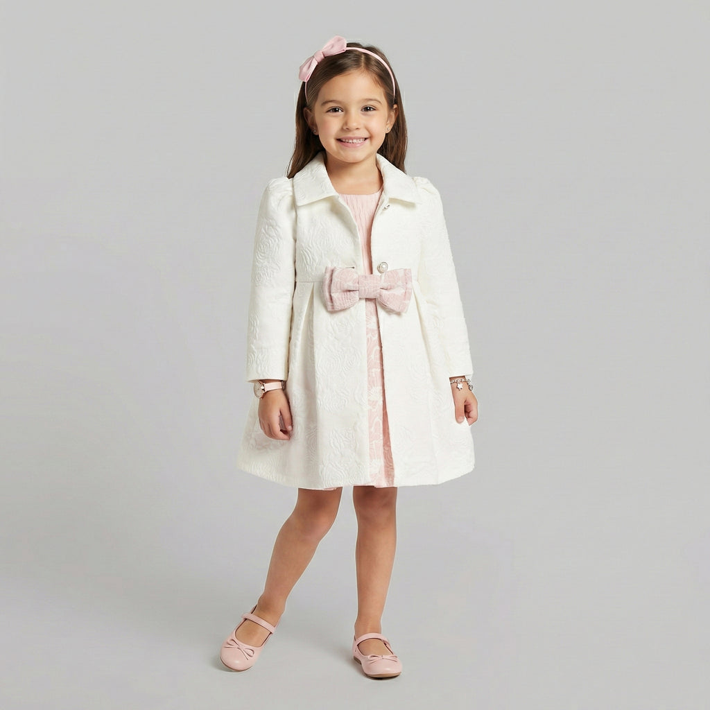 Embossed Floral-Pattern Coat with Velvet Bow & Pearlescent Detail