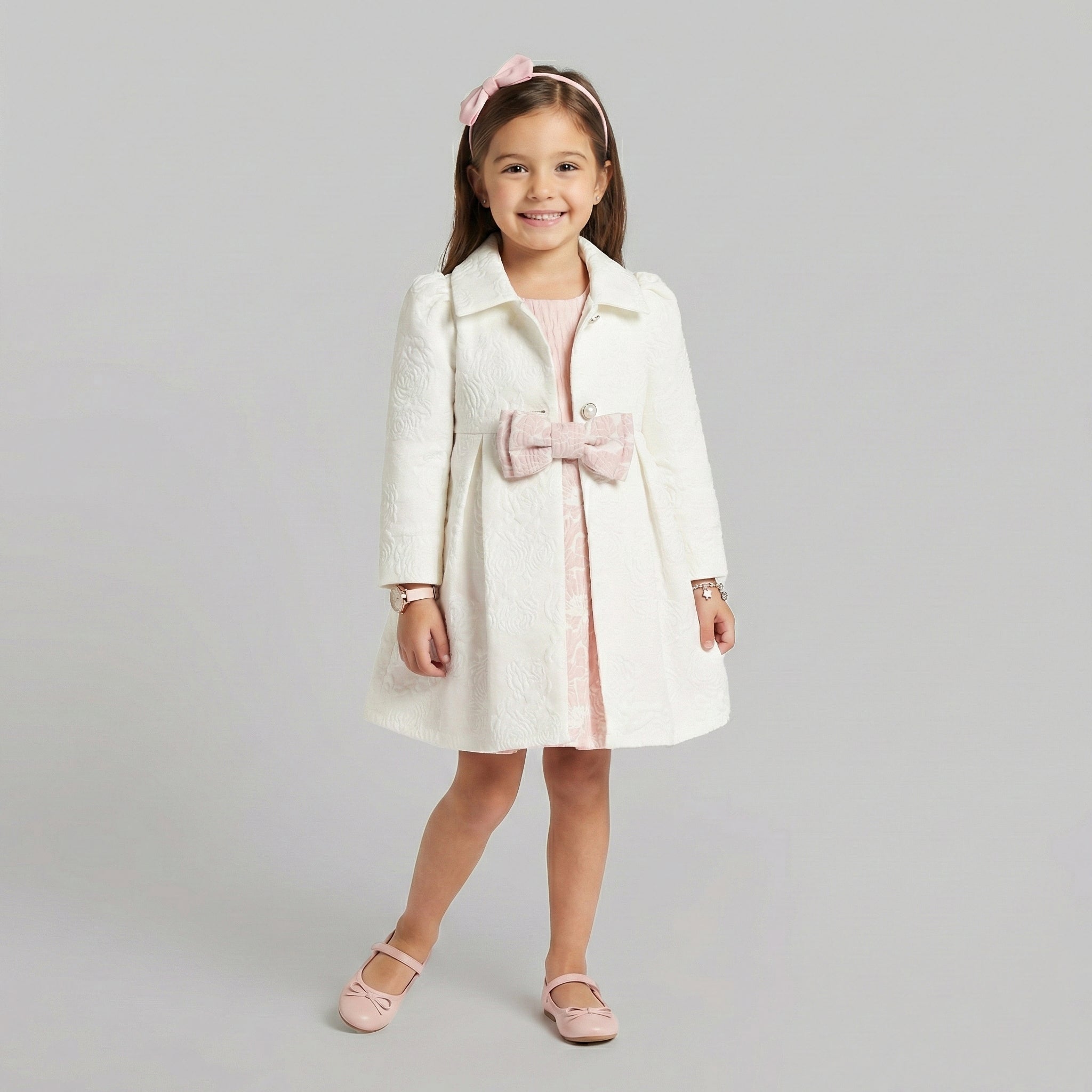 Embossed Floral-Pattern Coat with Velvet Bow & Pearlescent Detail