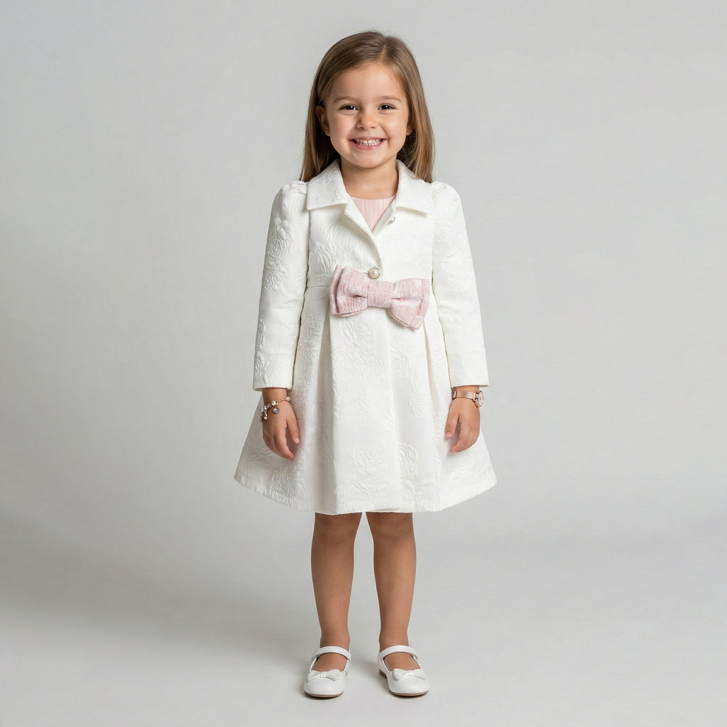 Textured White Occasion Coat with Velvety Pink Bow Detail