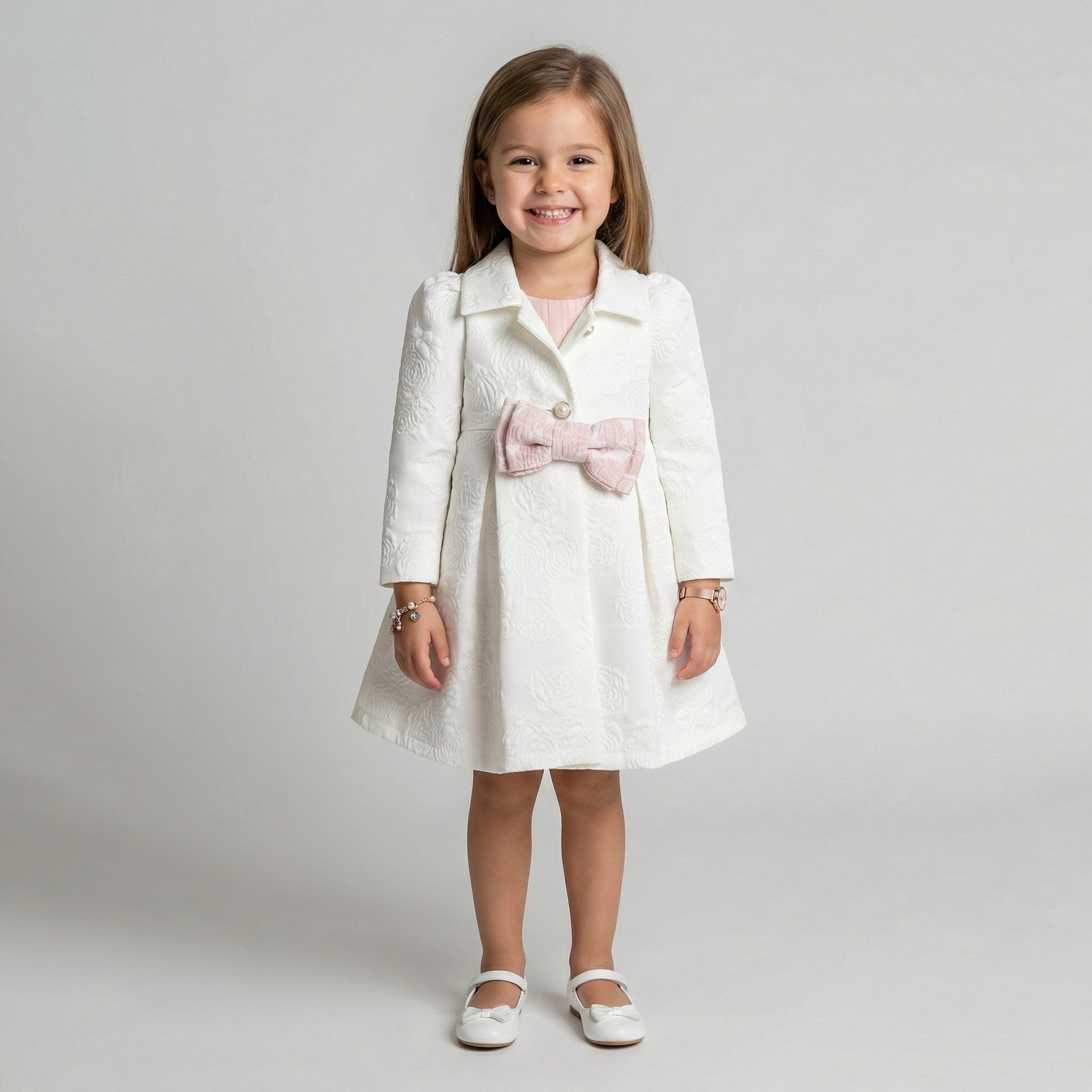 Textured White Occasion Coat with Velvety Pink Bow Detail