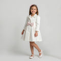Embossed White A-Line Coat with Velvet Bow & Pearlescent Accents
