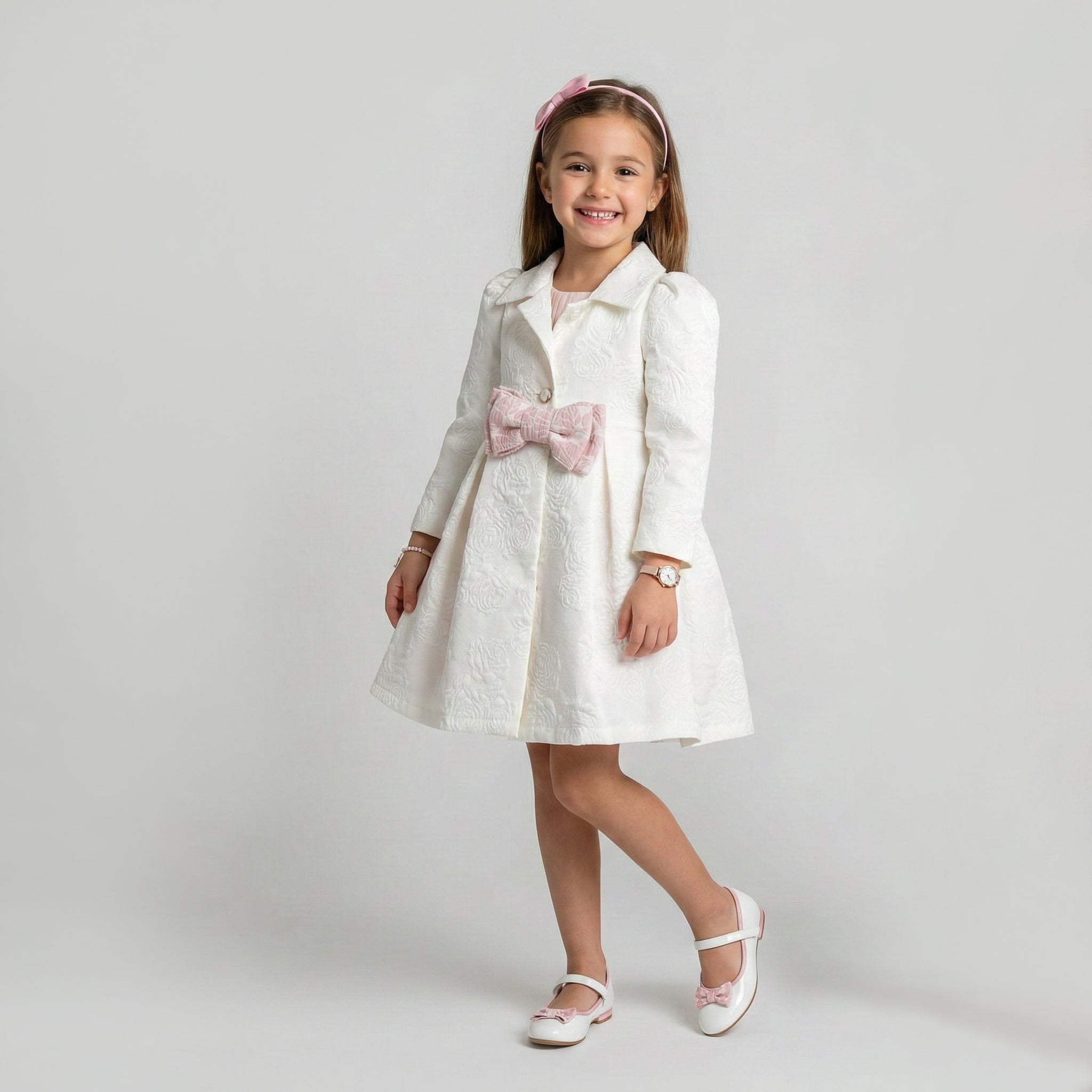 Embossed White A-Line Coat with Velvet Bow & Pearlescent Accents