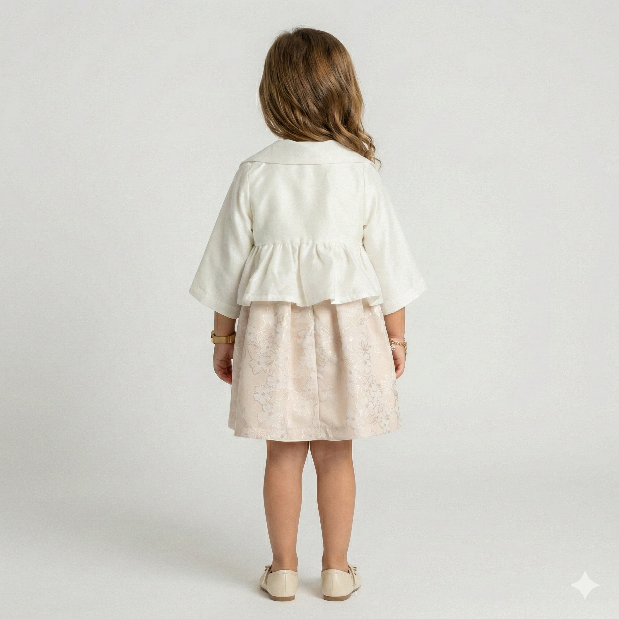 Girls' Elegant White Cropped Blazer & Floral Jacquard Skirt Set
