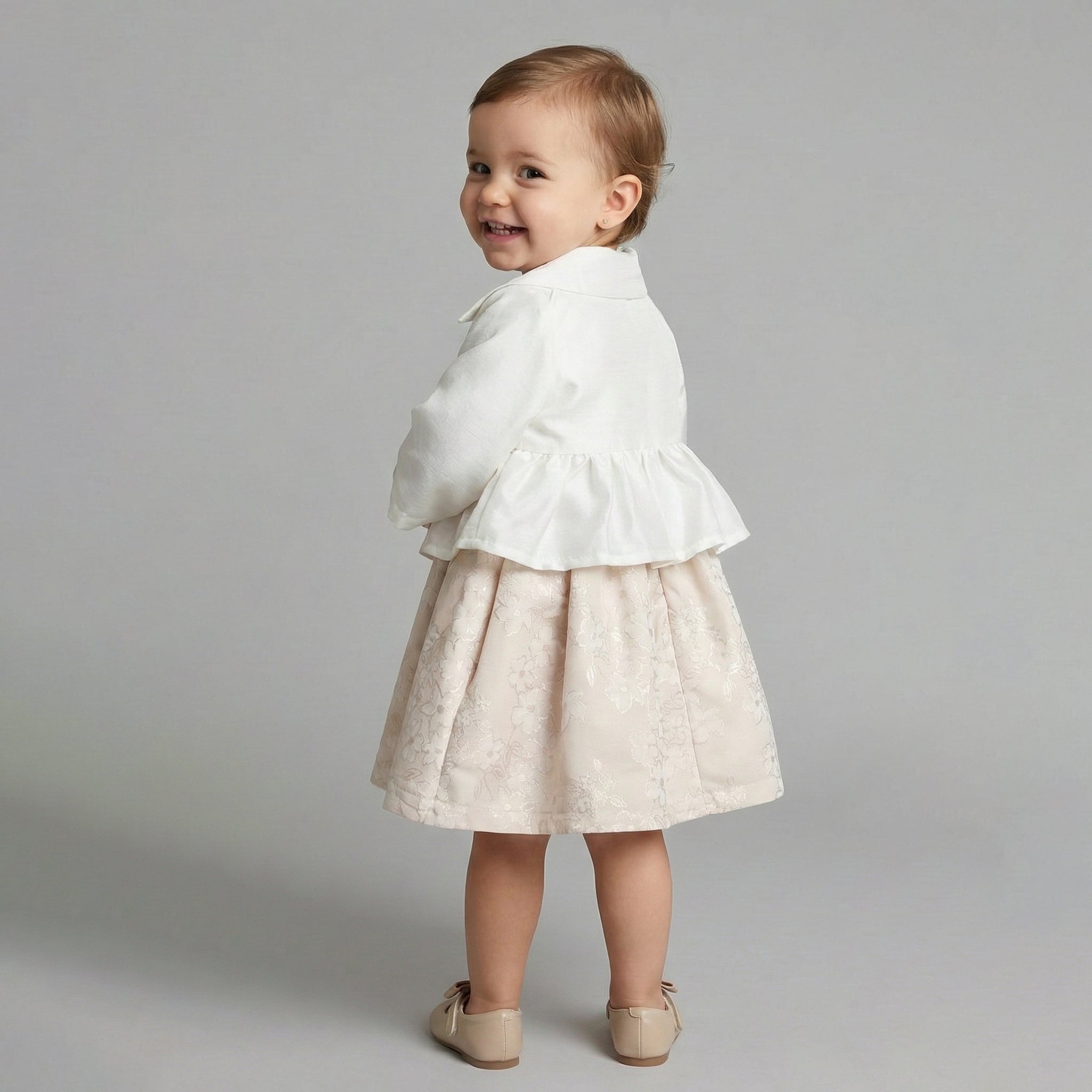 Toddler White Cropped Blazer & Floral Jacquard Skirt Set
