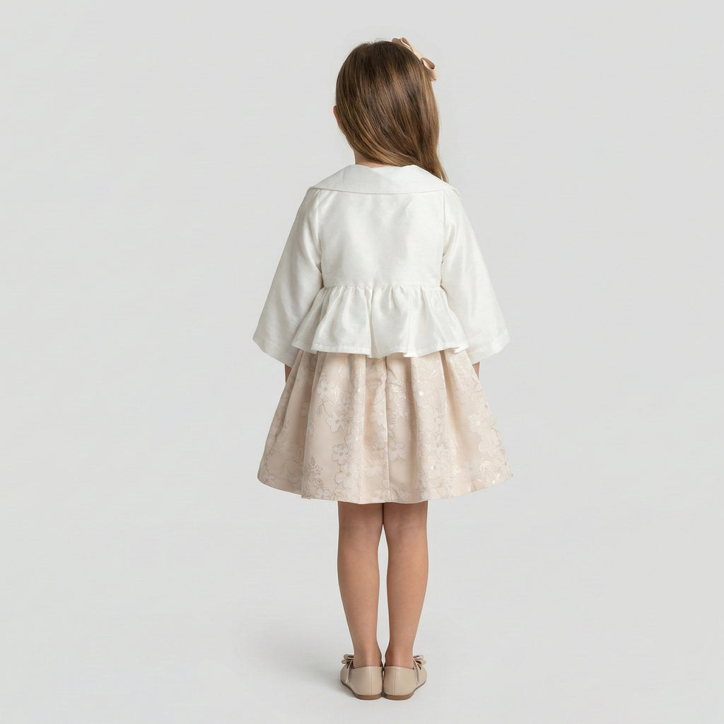 Graceful Elegant White Cropped Blazer & Floral Jacquard Skirt Set