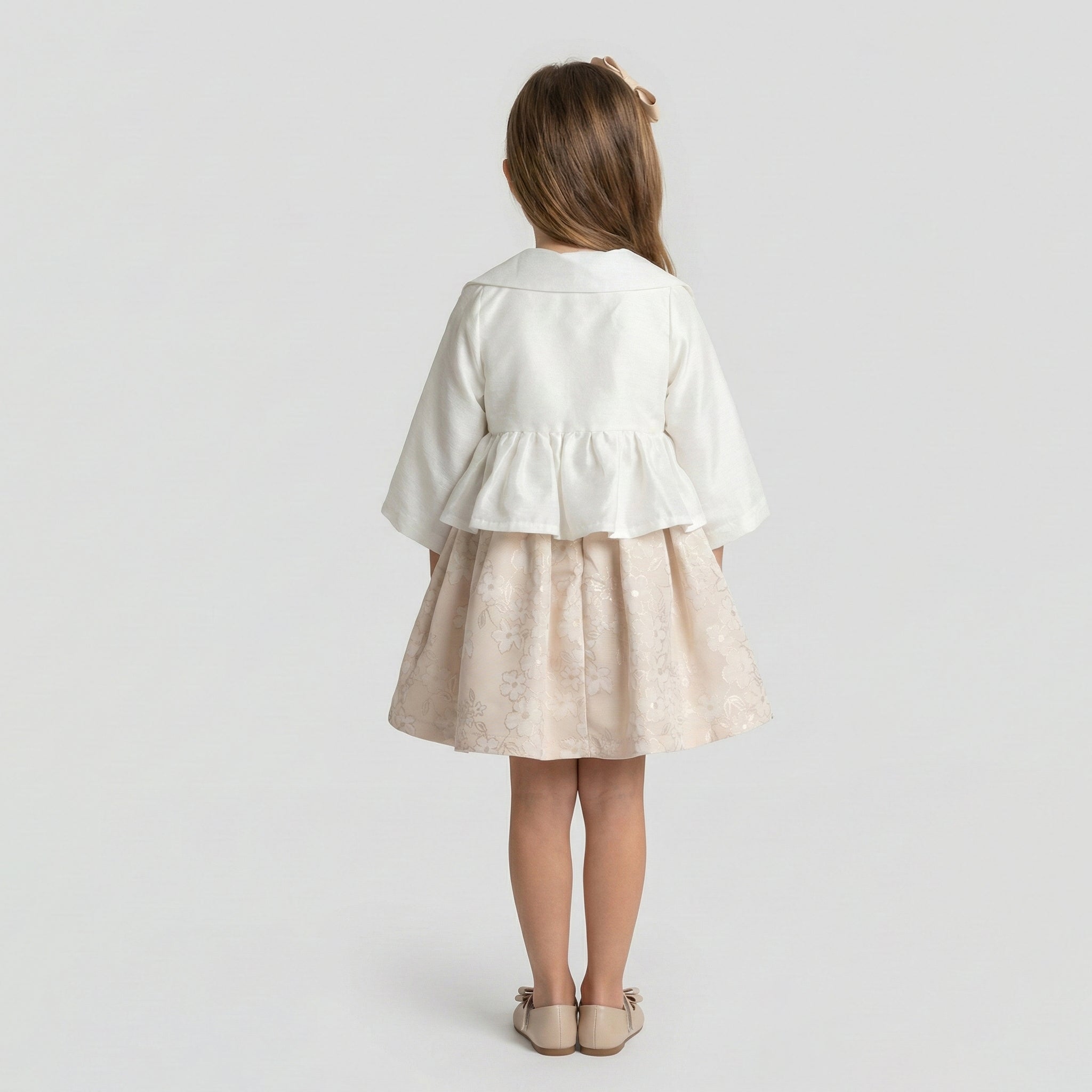Graceful Elegant White Cropped Blazer & Floral Jacquard Skirt Set