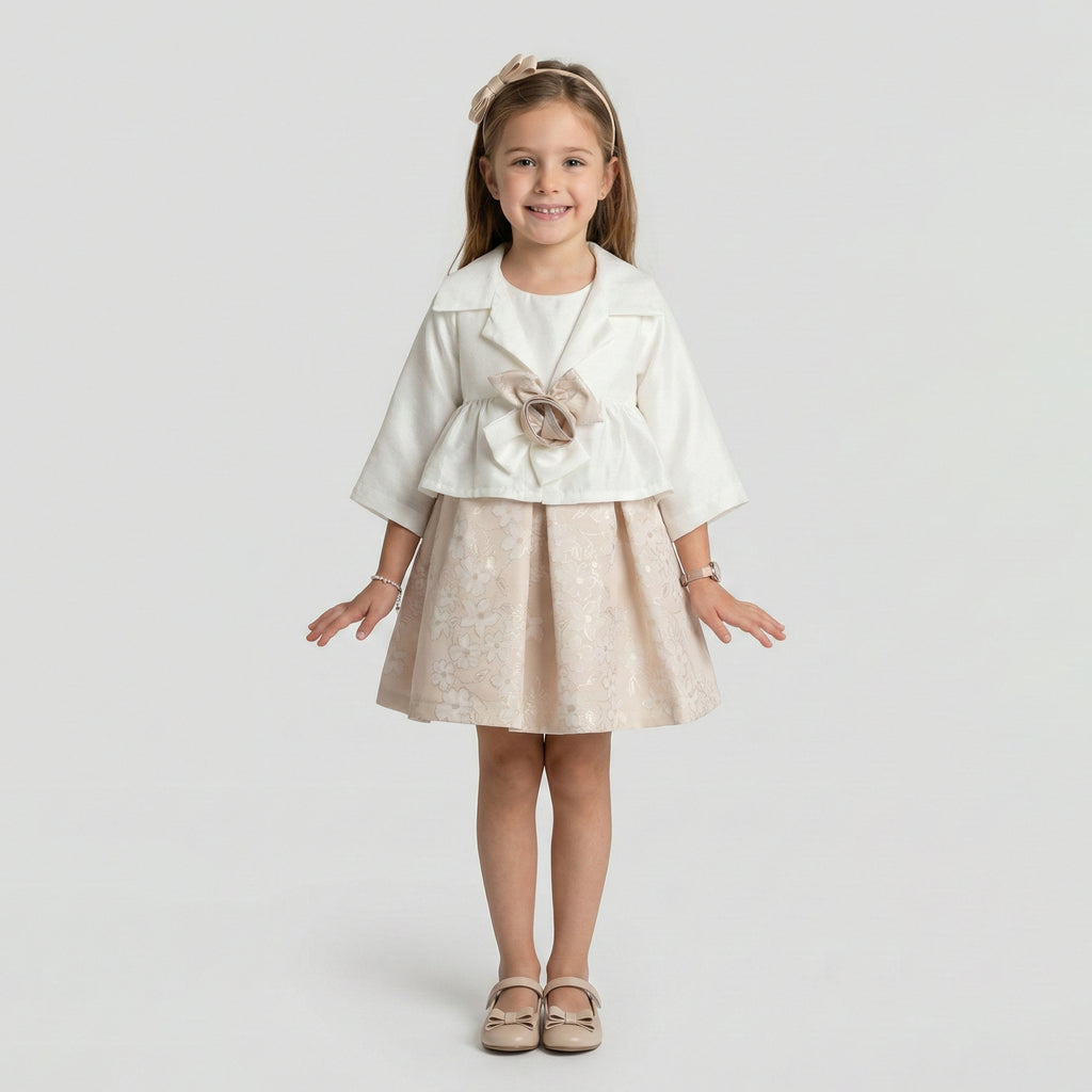 Graceful Elegant White Cropped Blazer & Floral Jacquard Skirt Set