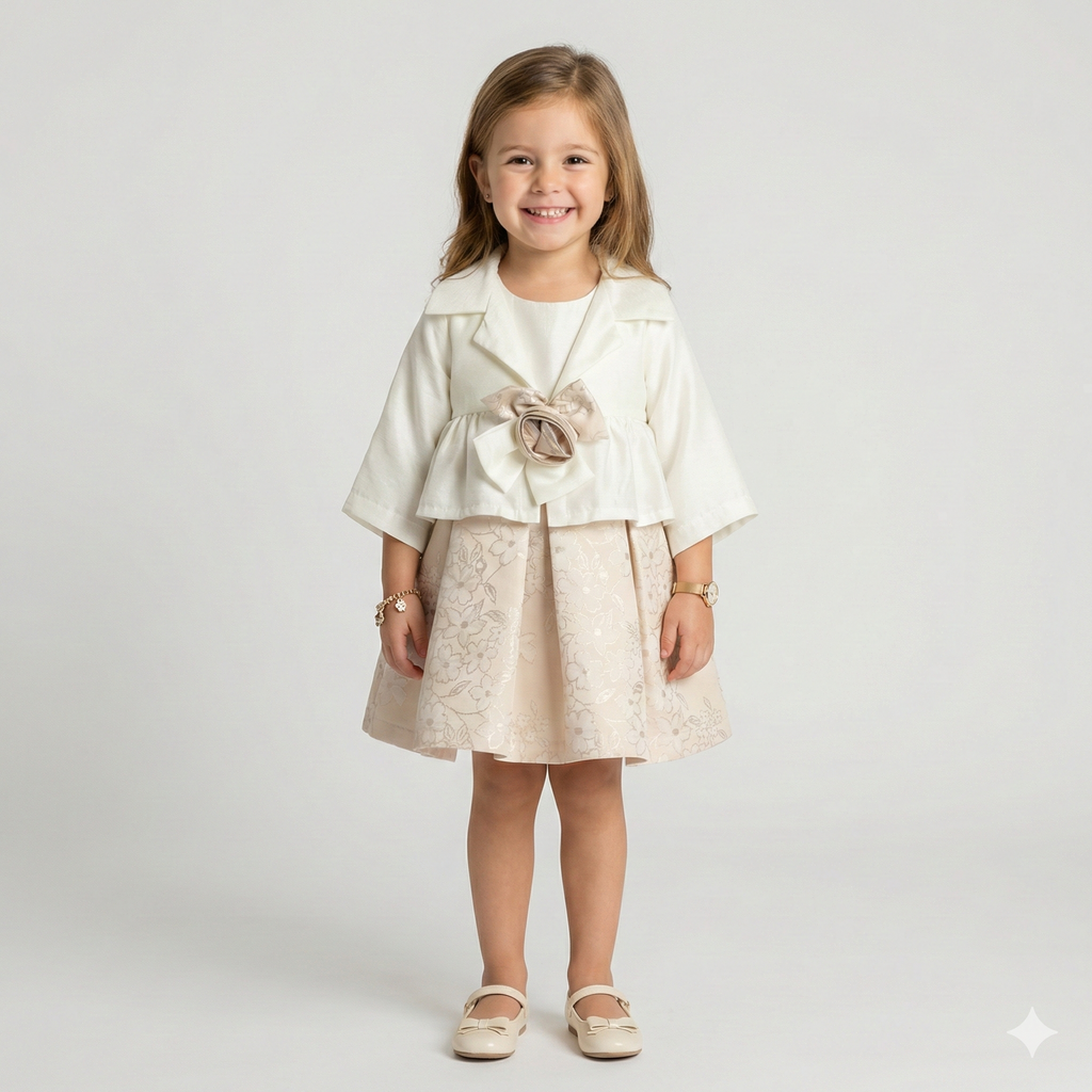 Girls' Elegant White Cropped Blazer & Floral Jacquard Skirt Set