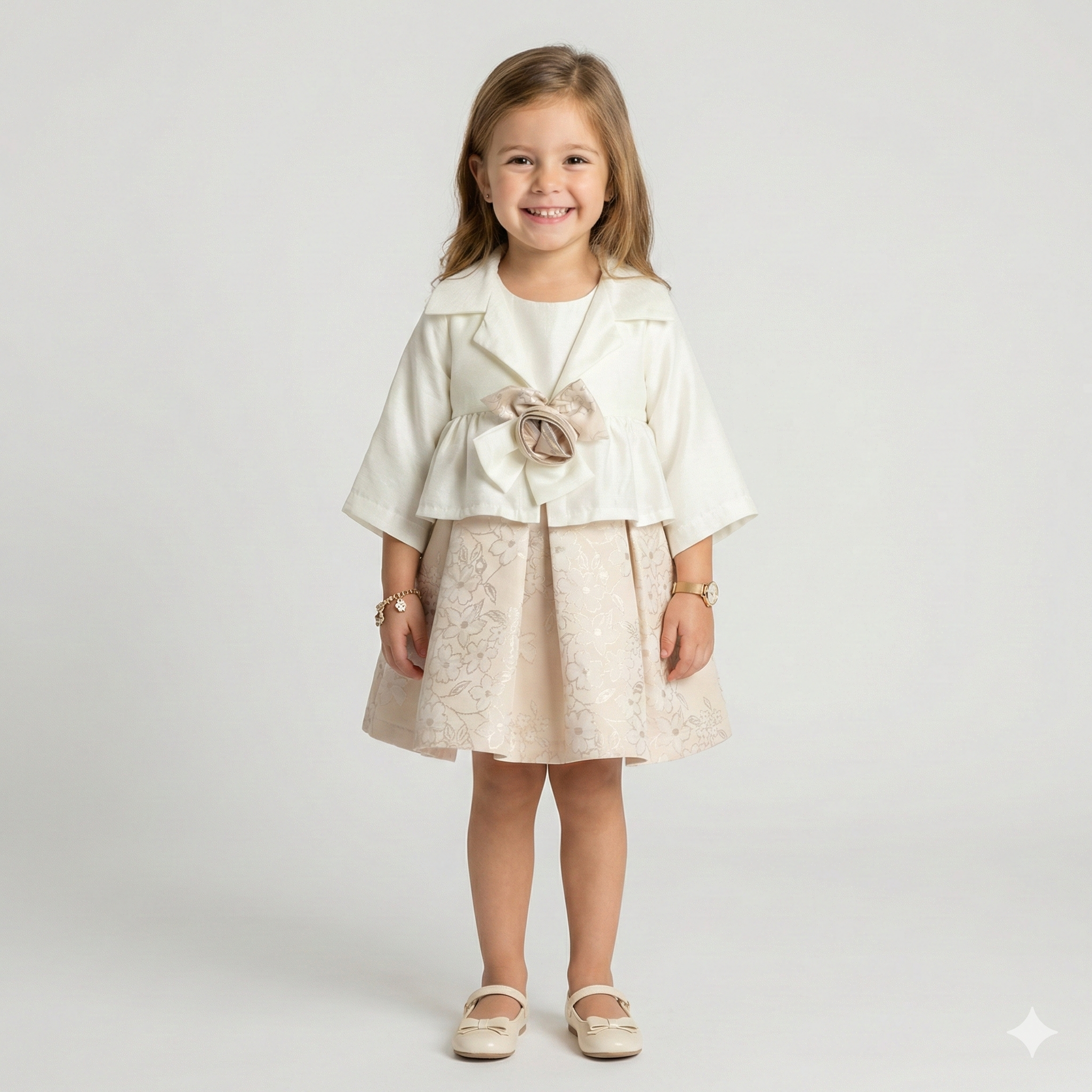 Girls' Elegant White Cropped Blazer & Floral Jacquard Skirt Set
