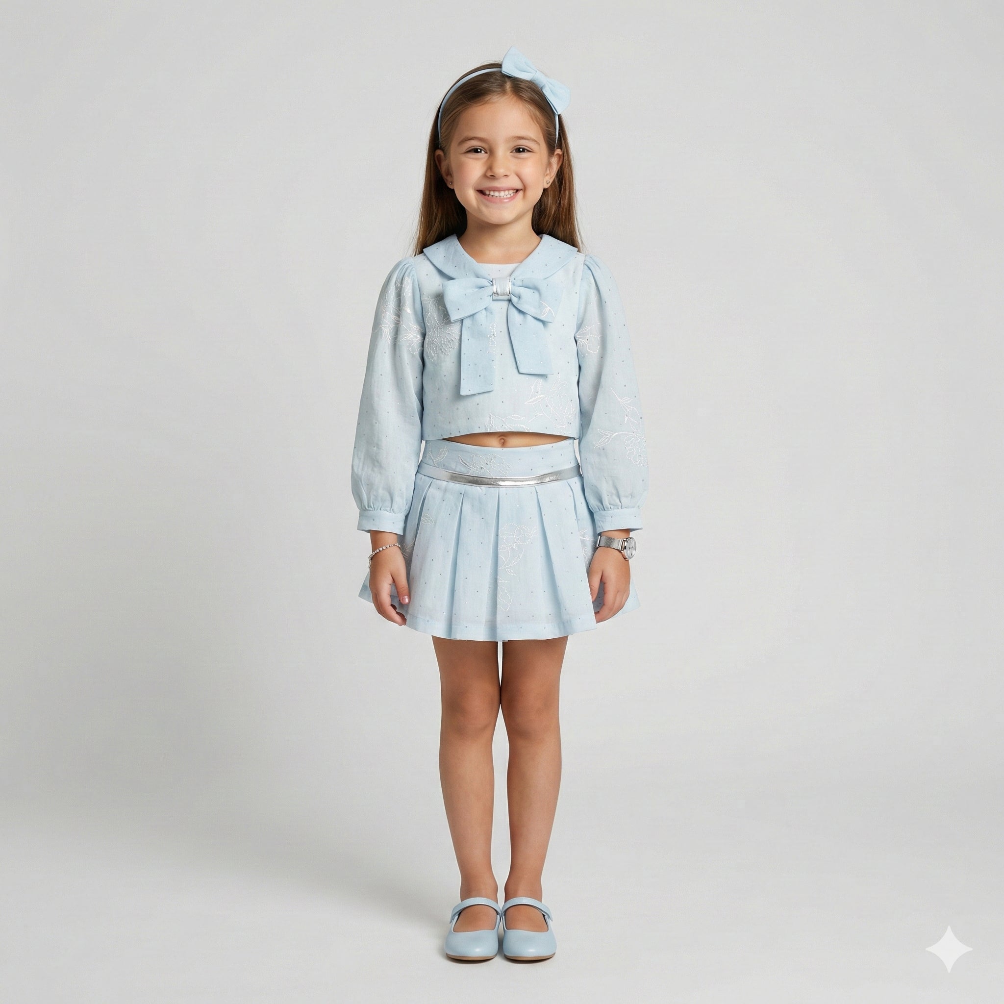 Girls' Sophisticated Girls’ Embroidered Sailor Collar & Pleated Skirt Ensemble