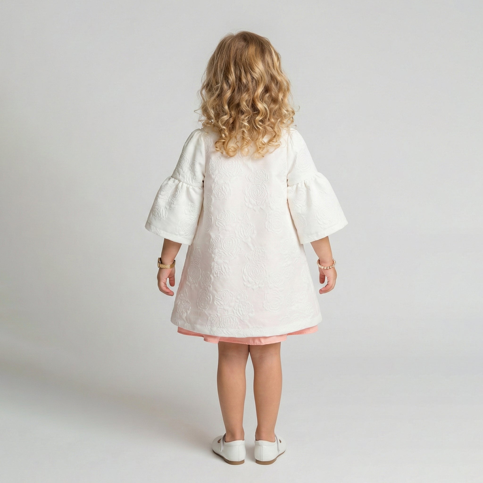 Girls' Evangeline Floral Embossed Coat & Peach Chiffon Dress Set