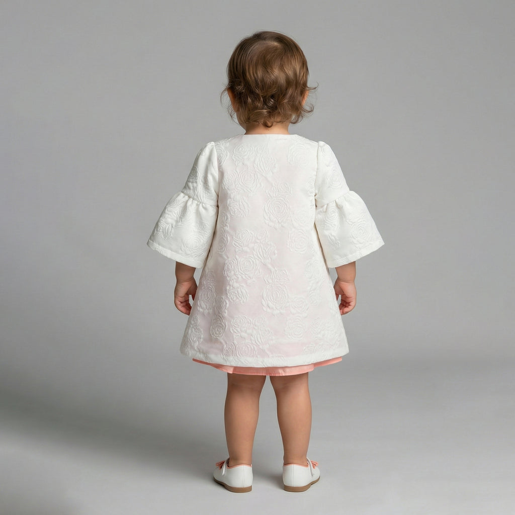 Girls' Evangeline Floral Embossed Coat & Peach Chiffon Dress Set