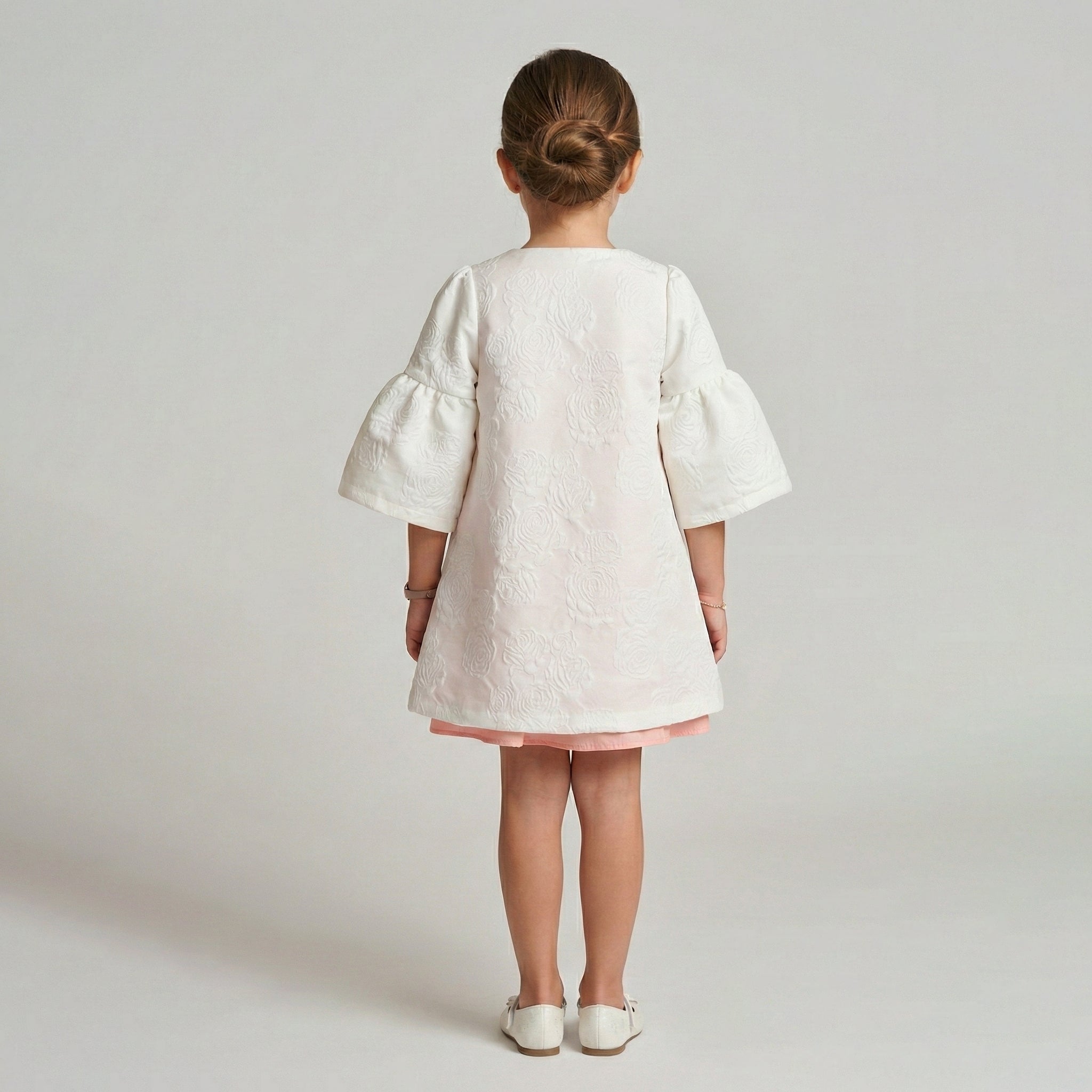 Girls' Evangeline Floral Embossed Coat & Peach Chiffon Dress Set