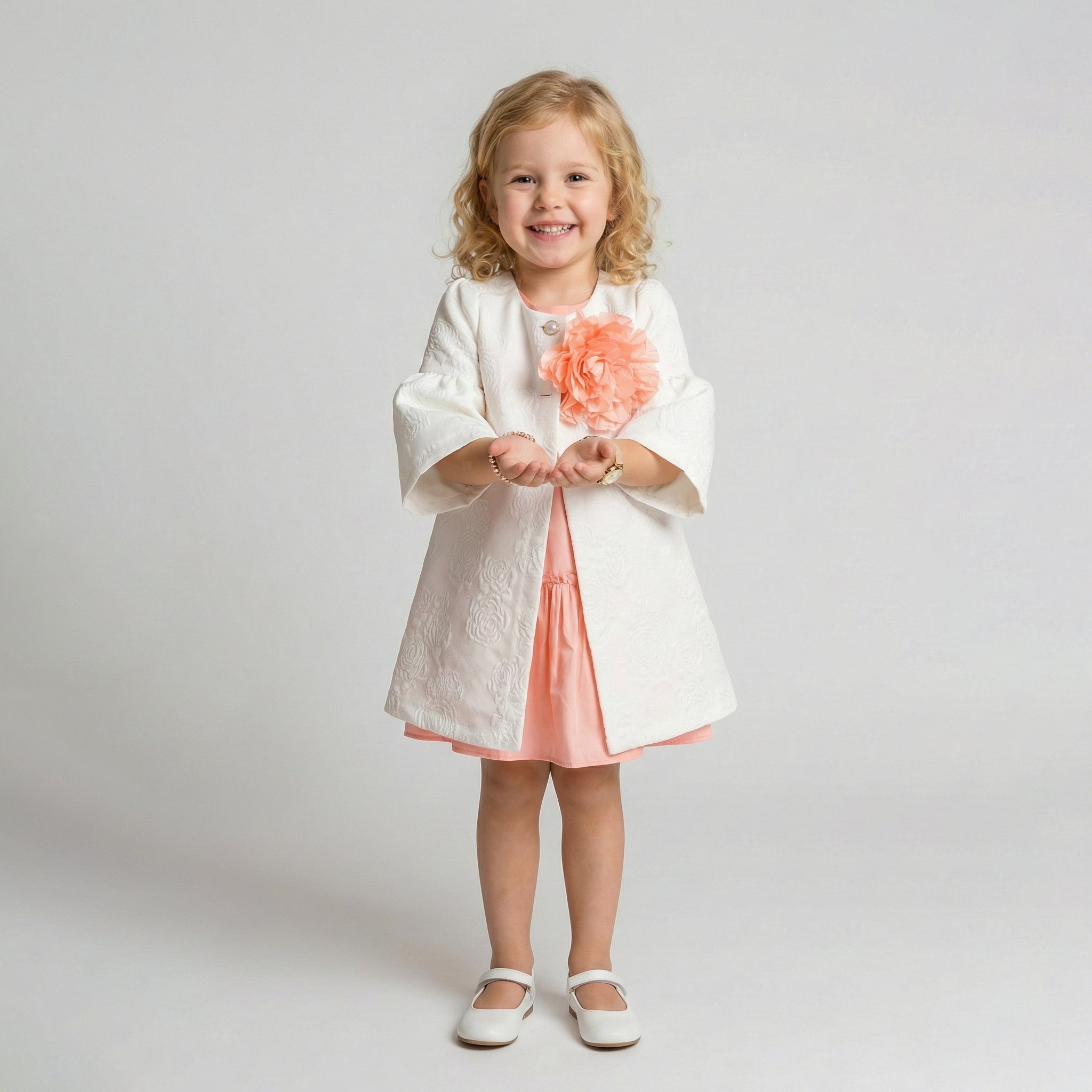 Girls' Evangeline Floral Embossed Coat & Peach Chiffon Dress Set
