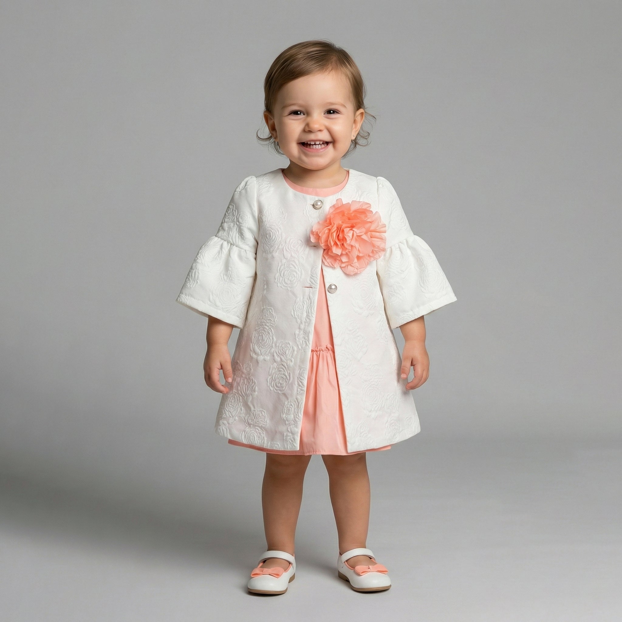 Girls' Evangeline Floral Embossed Coat & Peach Chiffon Dress Set