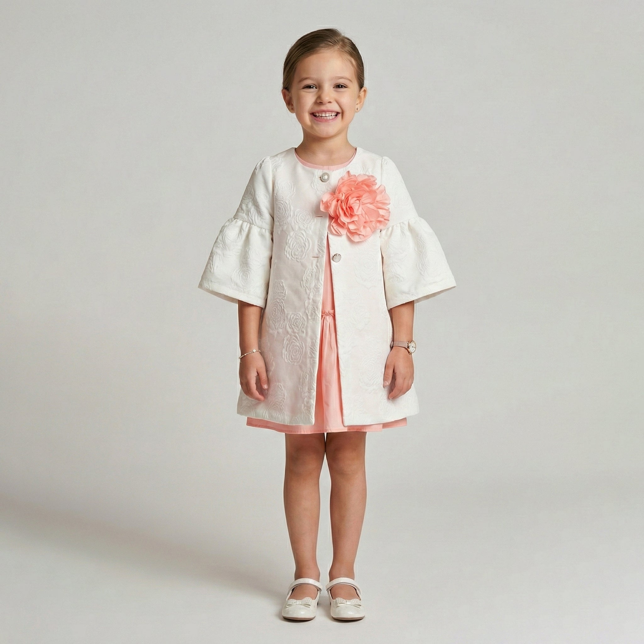Girls' Evangeline Floral Embossed Coat & Peach Chiffon Dress Set