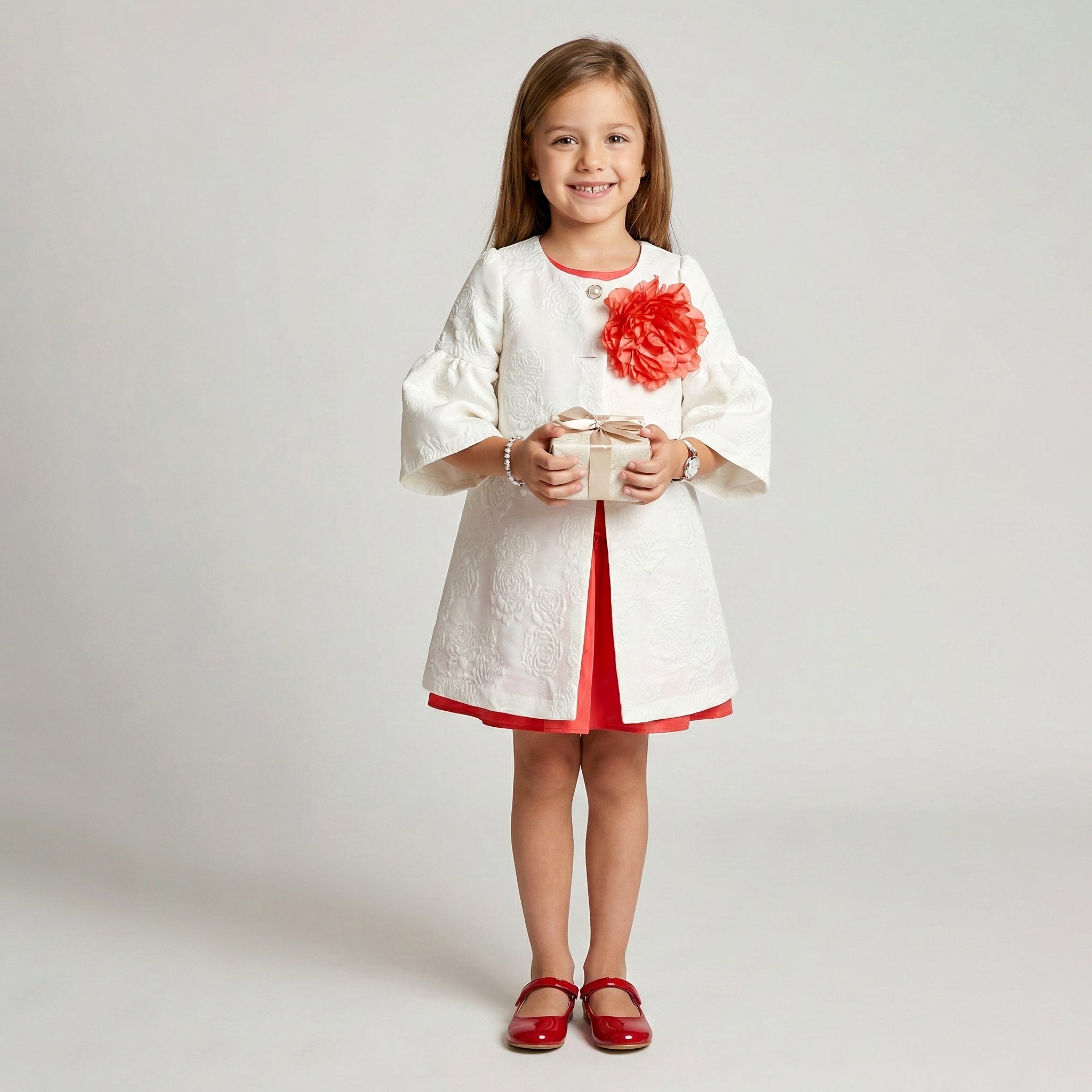 Sophisticated Jacquard Coat & Dress Set for Girls