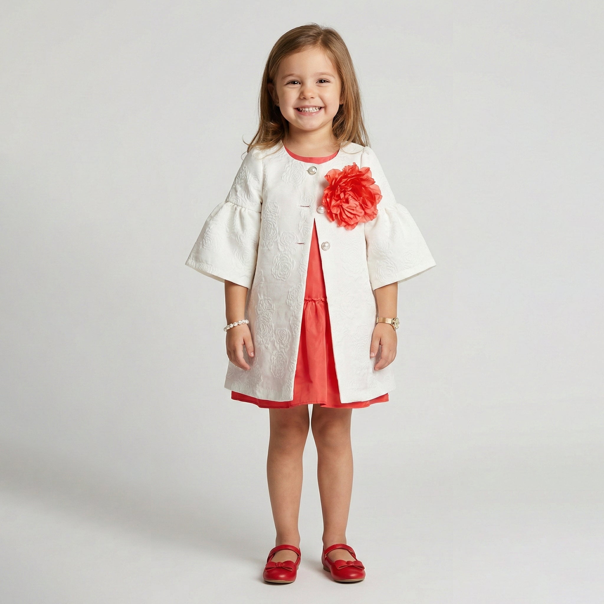 Girls' Elegant Floral Coat and Dress Outfit