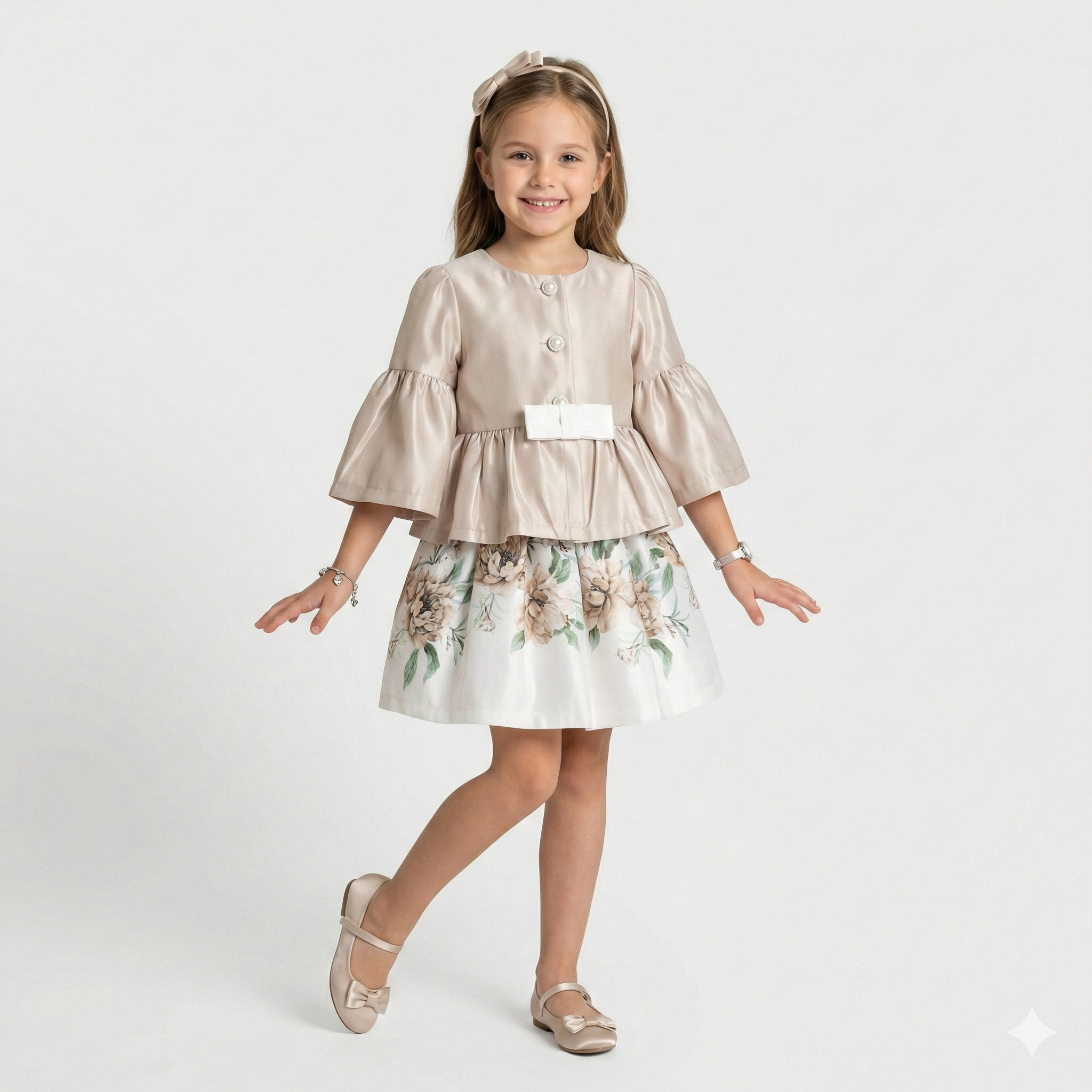 Girls' Clara Peplum Satin Blazer & Watercolor Bloom Dress Set