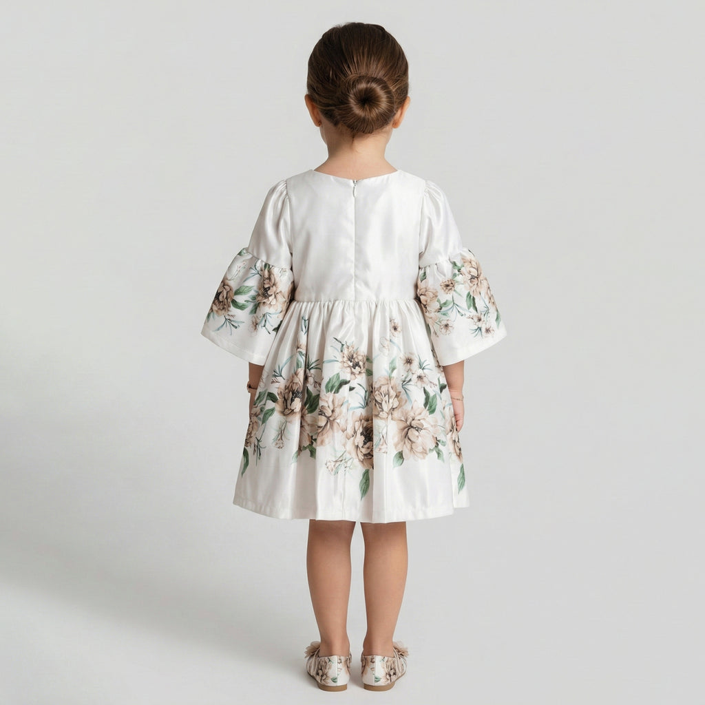 Toddler Floral Satin Dress with Dramatic Bell Sleeves