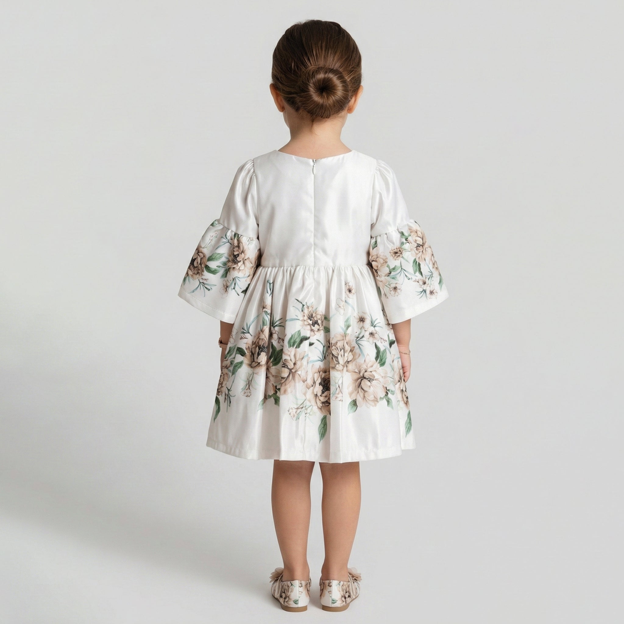 Toddler Floral Satin Dress with Dramatic Bell Sleeves