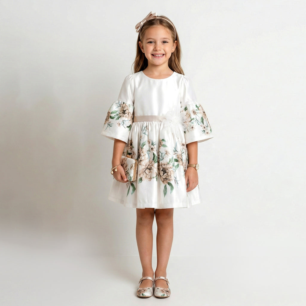 Girls' Sophisticated Floral Print Satin Dress with Flared Sleeves