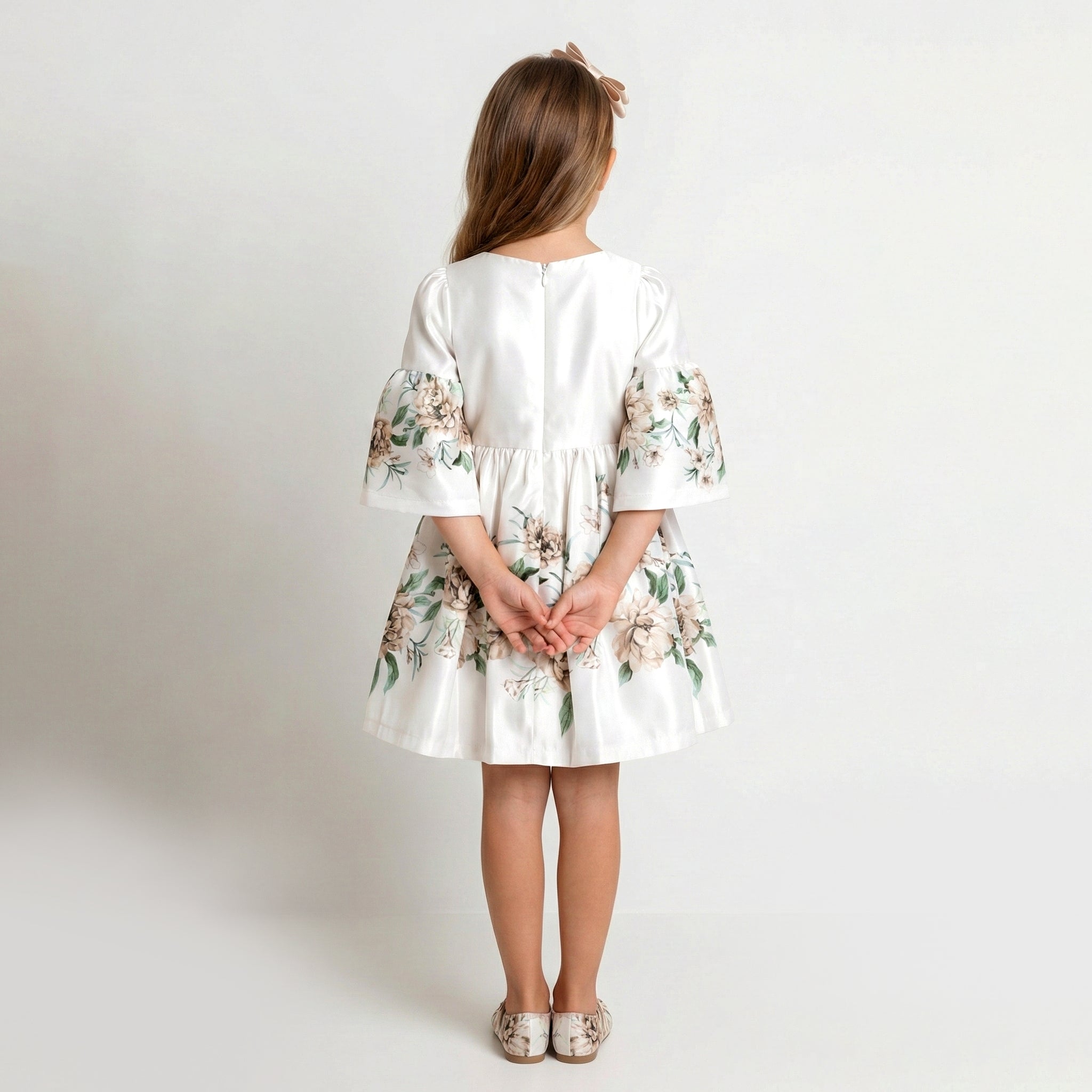 Girls' Sophisticated Floral Print Satin Dress with Flared Sleeves