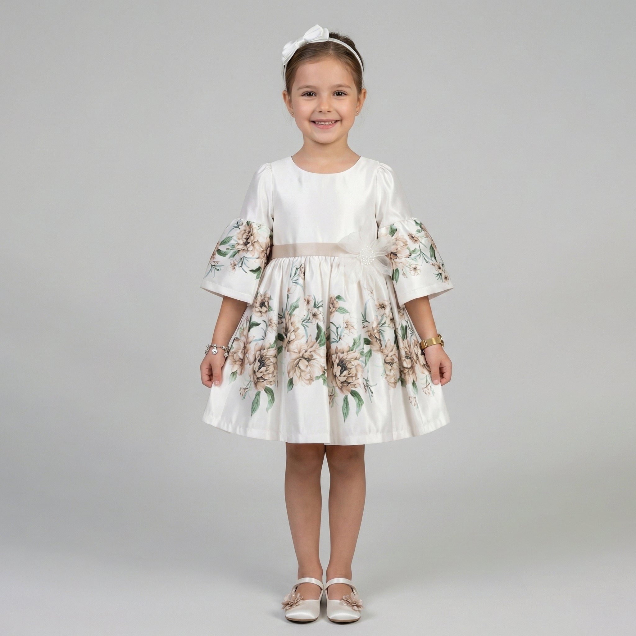 Girls' Elena Botanical Lustre Dress with Tiered Bell Sleeves