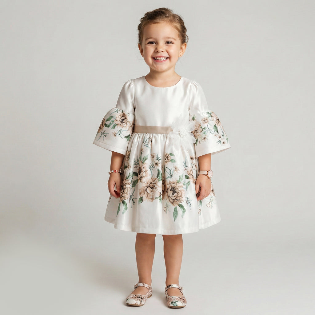 Toddler Floral Satin Dress with Dramatic Bell Sleeves