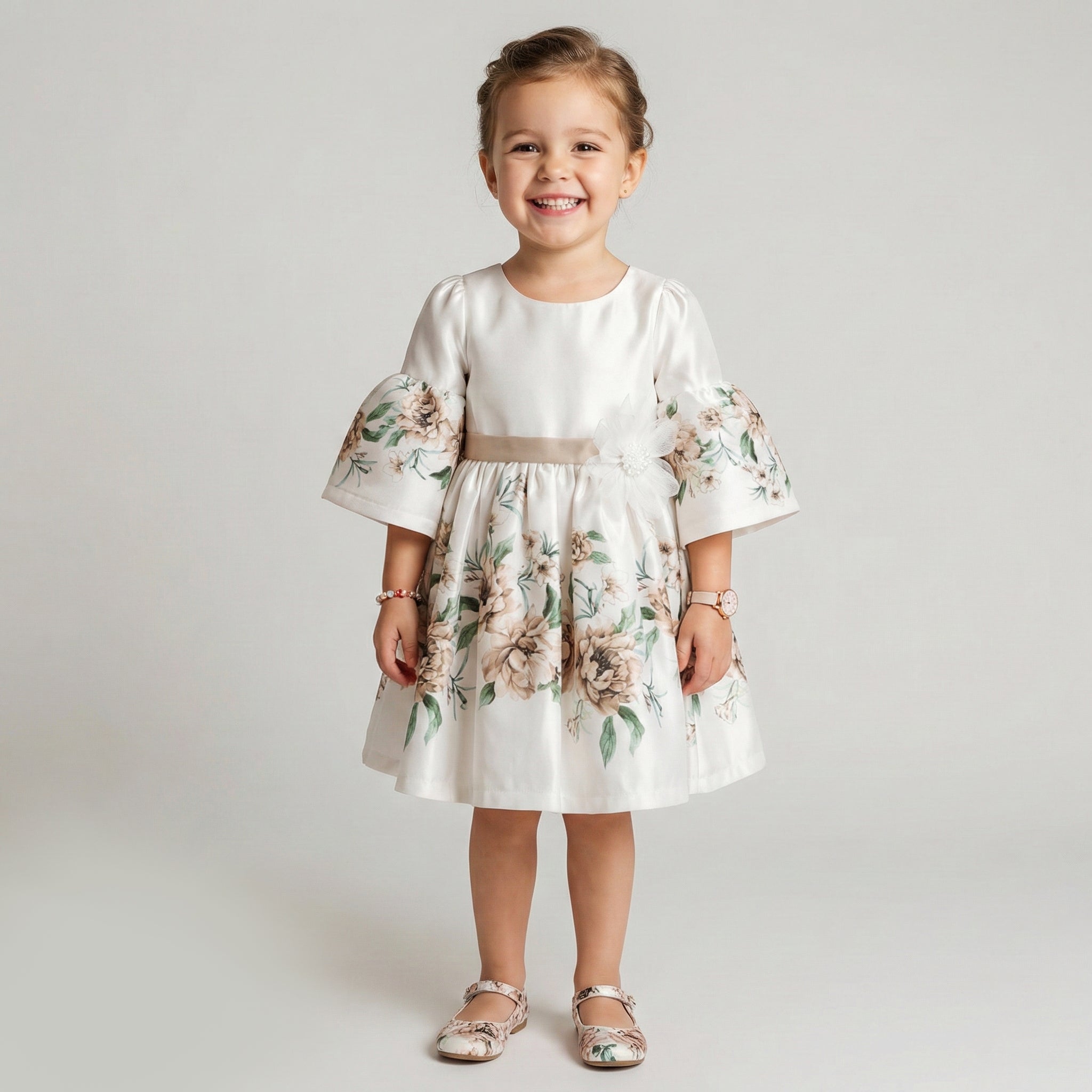 Toddler Floral Satin Dress with Dramatic Bell Sleeves