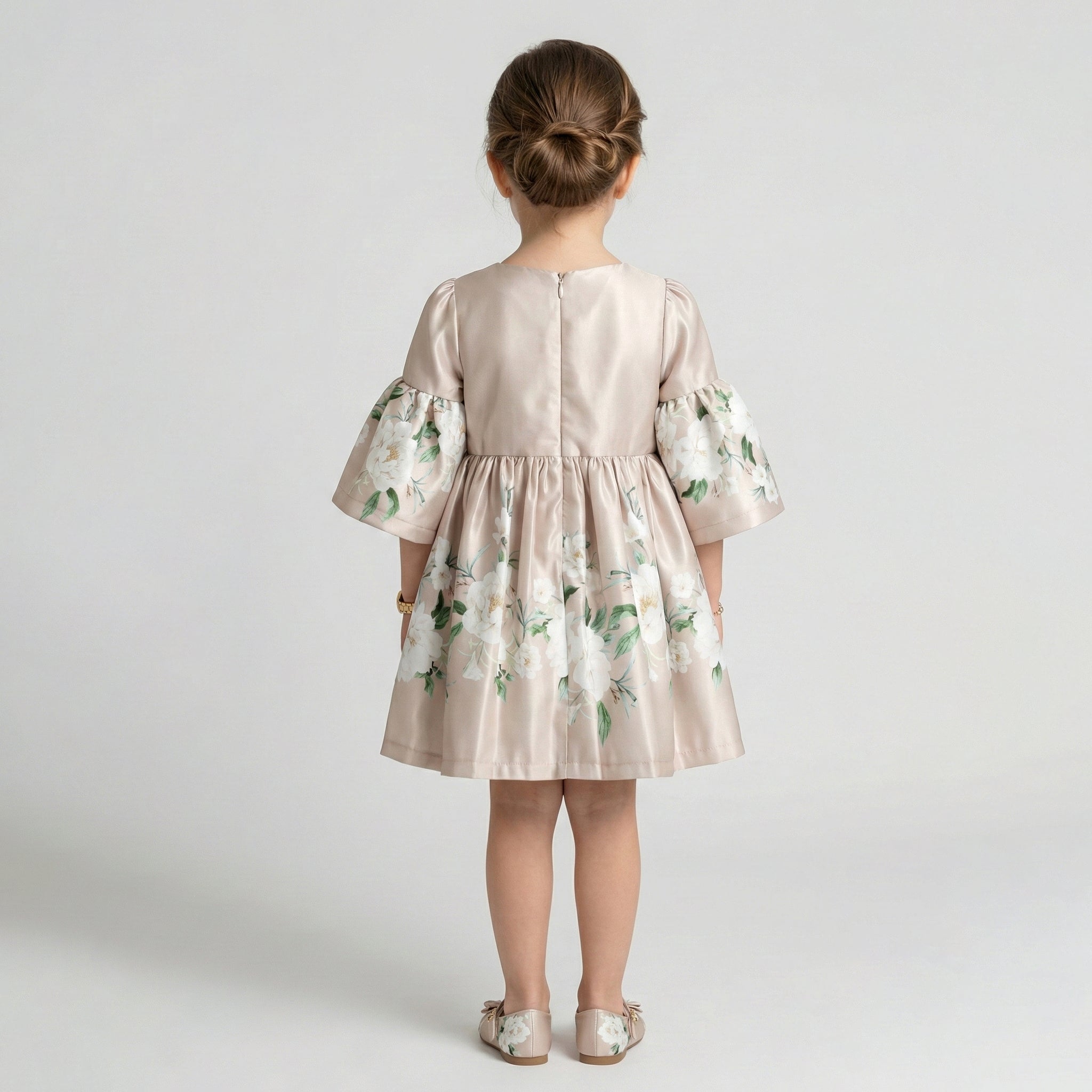 Girls' Elena Botanical Satin Fit-and-Flare Dress with Bell Sleeves