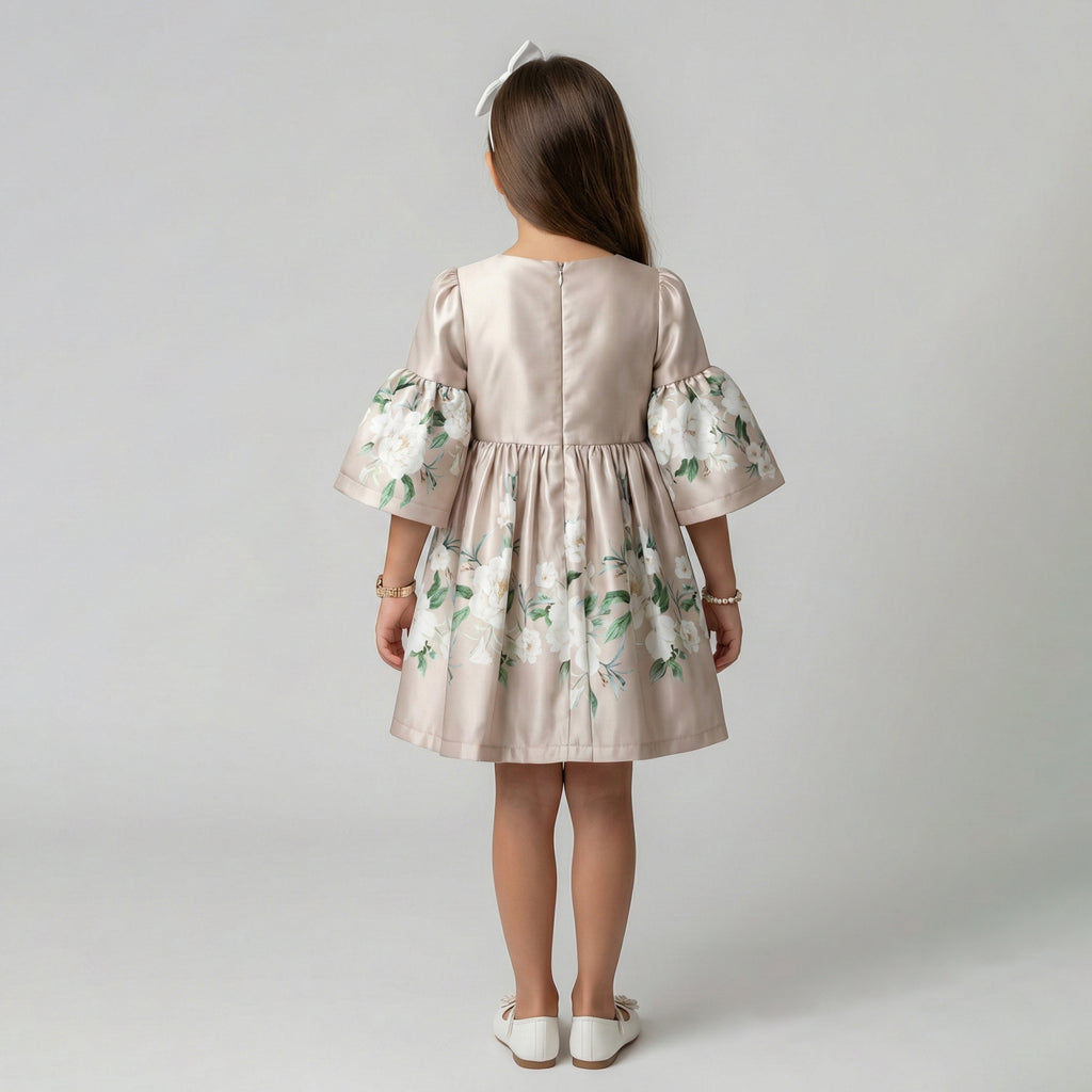 Girls' Sophisticated Floral Print Satin Dress with Flared Sleeves