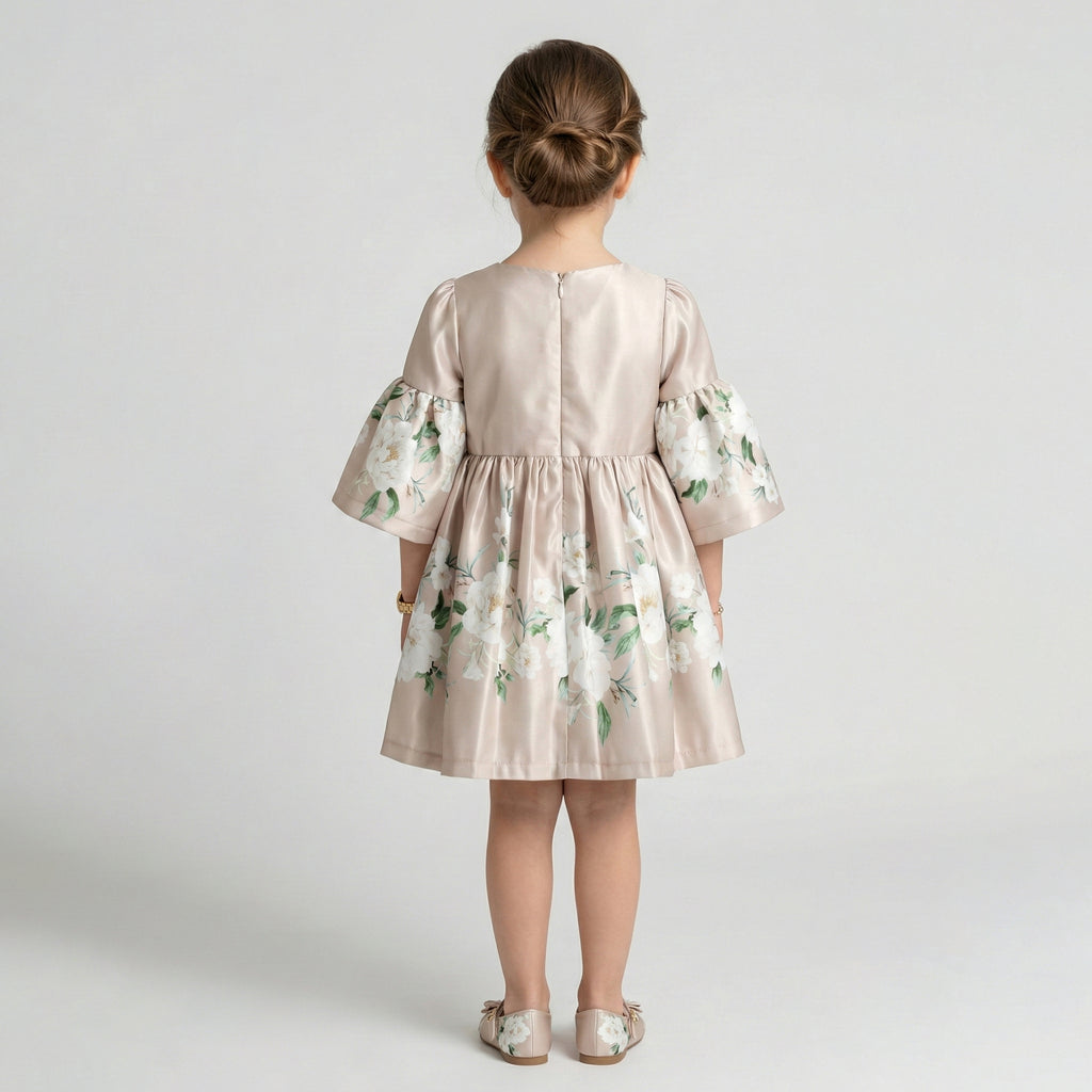 Toddler Floral Satin Dress with Dramatic Bell Sleeves