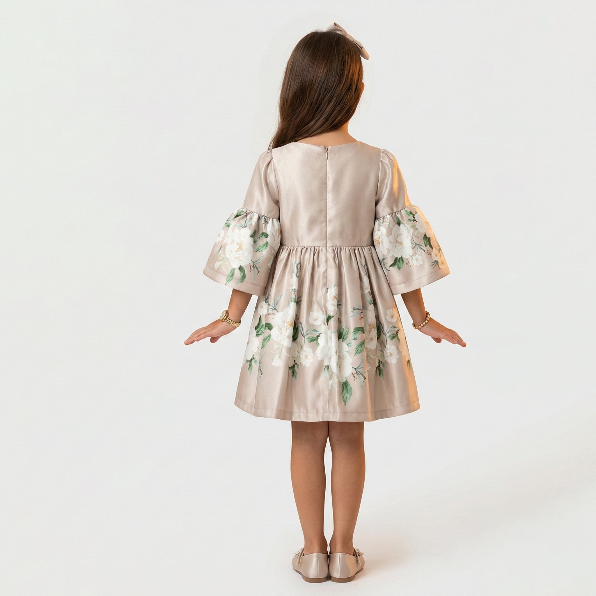 Girls' Elena Botanical Satin Fit-and-Flare Dress with Bell Sleeves