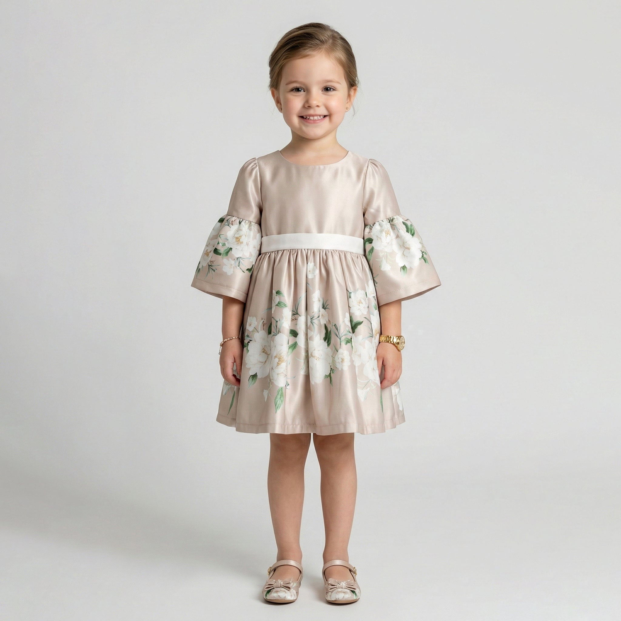 Girls' Elena Botanical Satin Fit-and-Flare Dress with Bell Sleeves