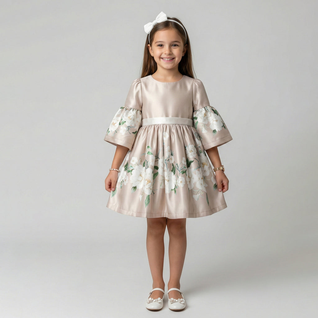 Girls' Sophisticated Floral Print Satin Dress with Flared Sleeves