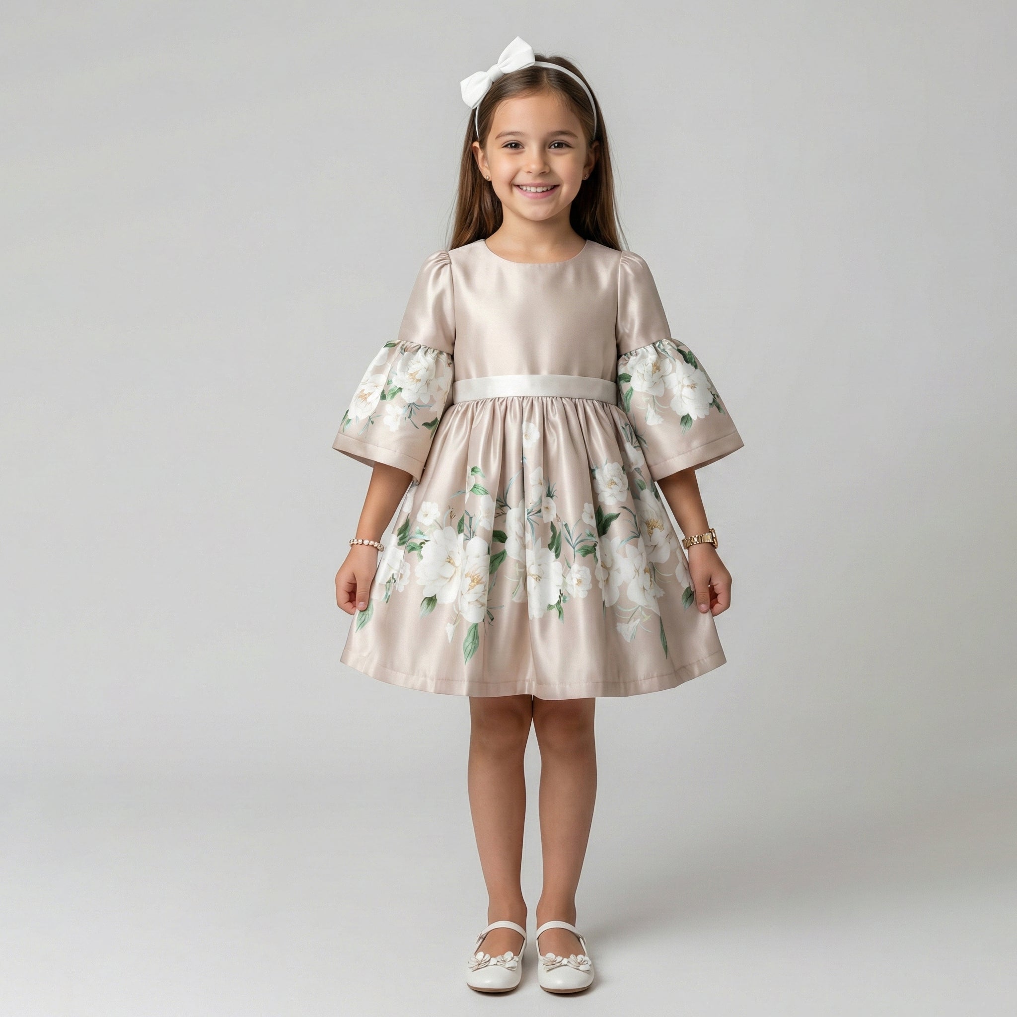 Girls' Sophisticated Floral Print Satin Dress with Flared Sleeves